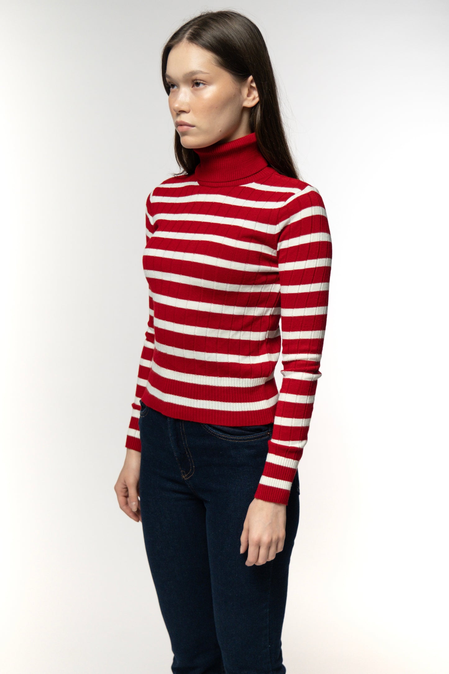 Red & White Striped Ribbed Turtleneck