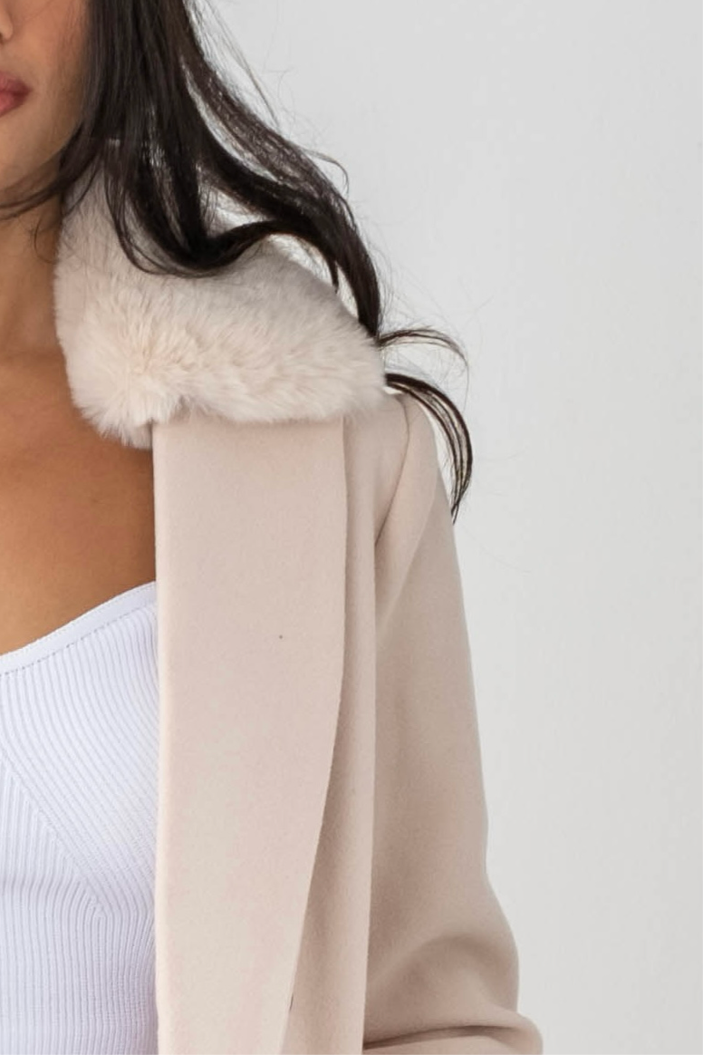Beige Fur-Collar Wool Coat