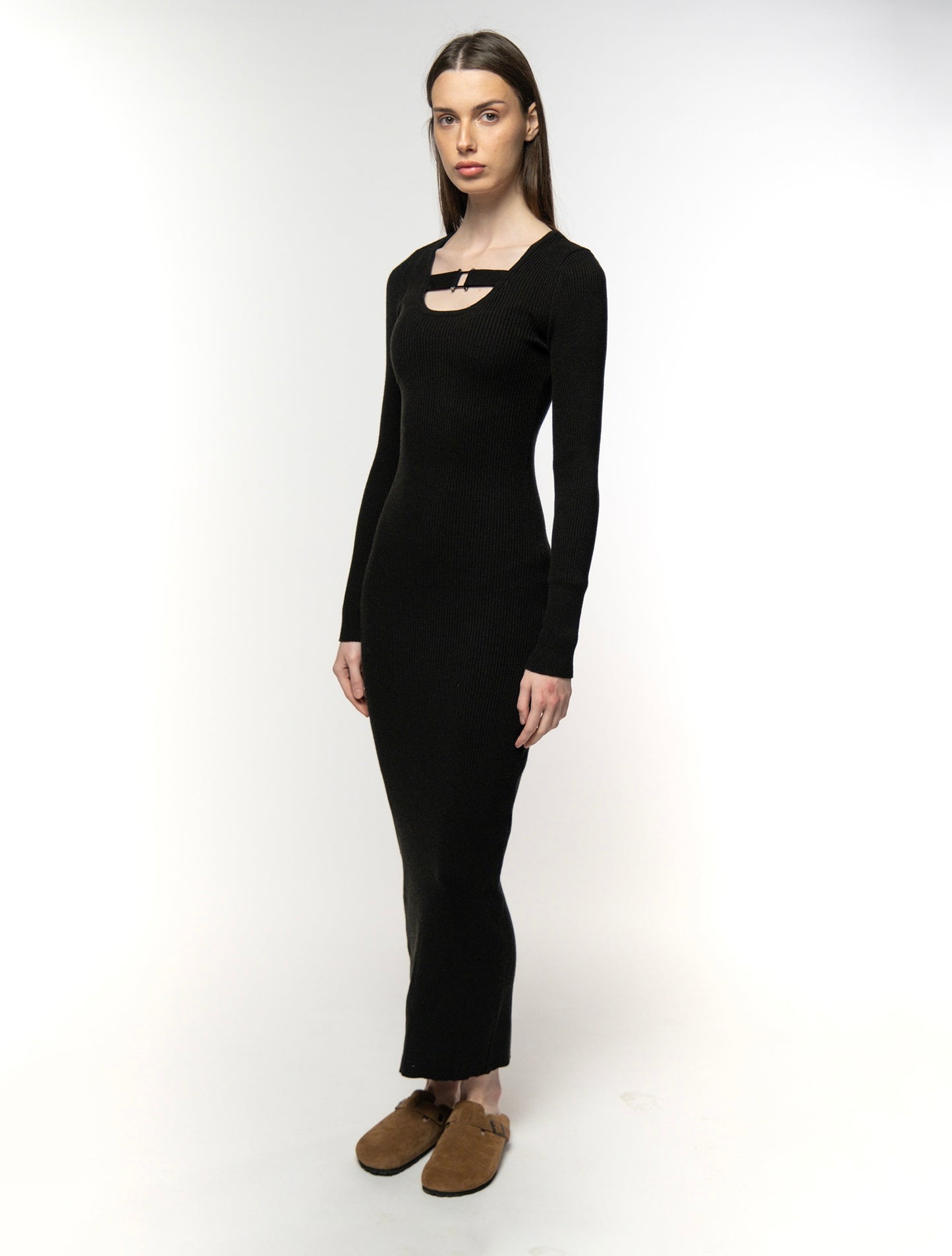 Black Ribbed Cut-Out Long Sleeve Dress