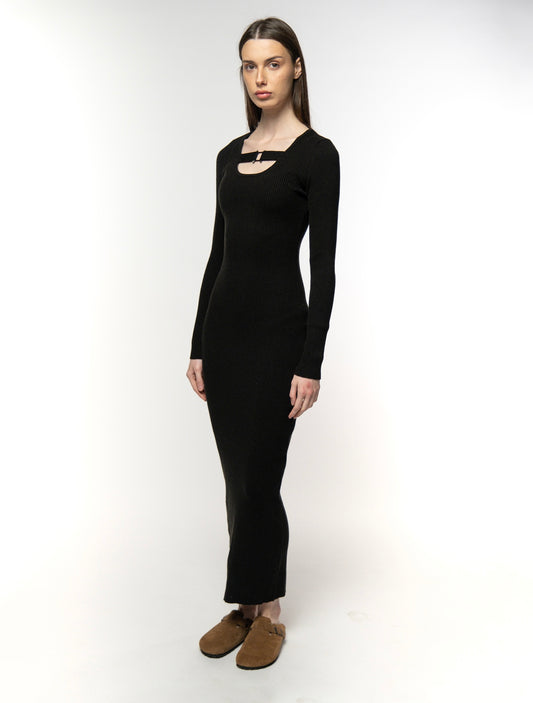 Black Ribbed Cut-Out Long Sleeve Dress