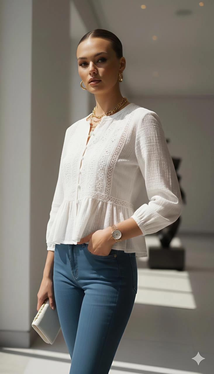 White Embroidered Peplum Blouse