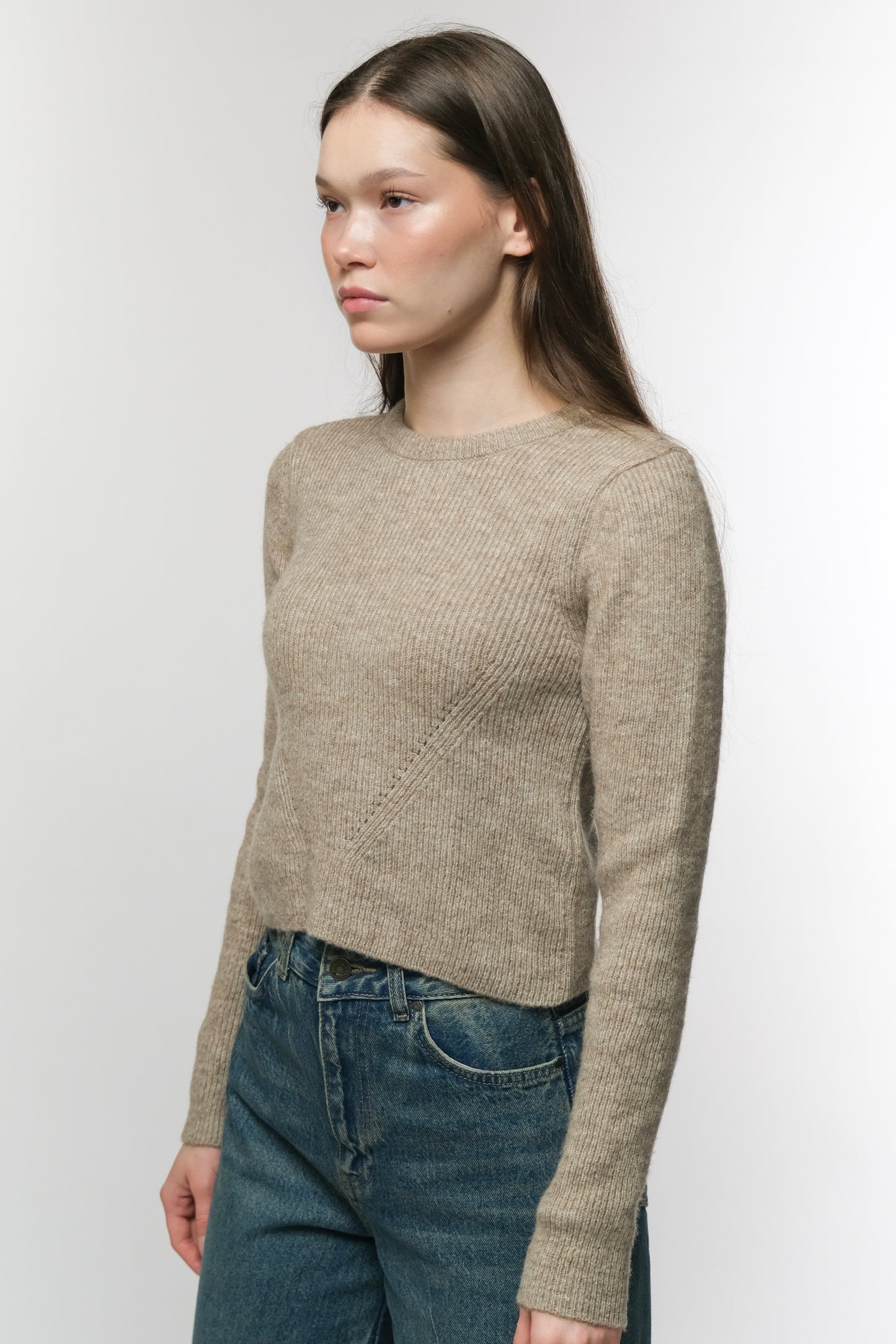 Beige Ribbed Knit Sweater