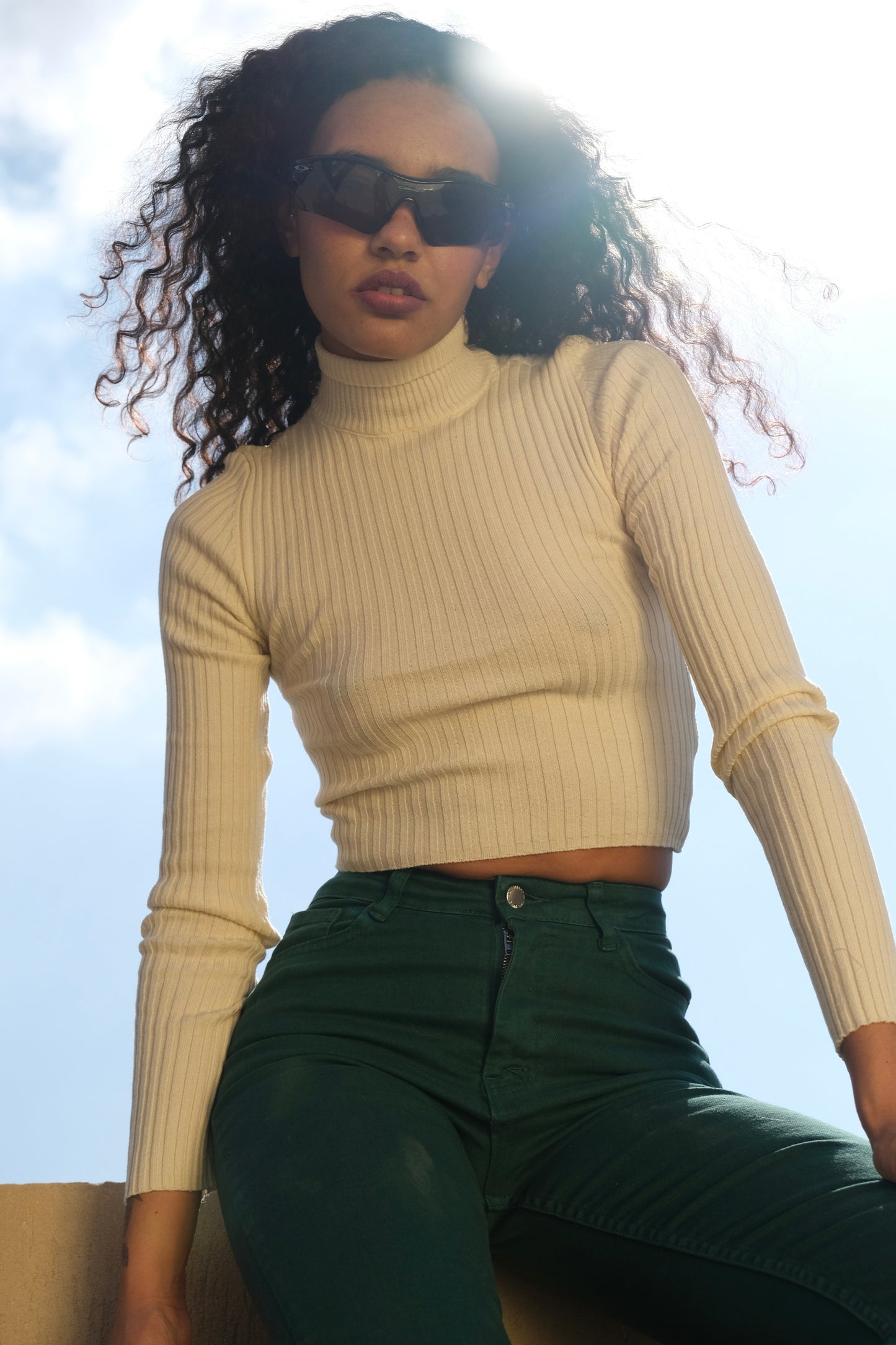 Cream Ribbed Turtleneck Pullover