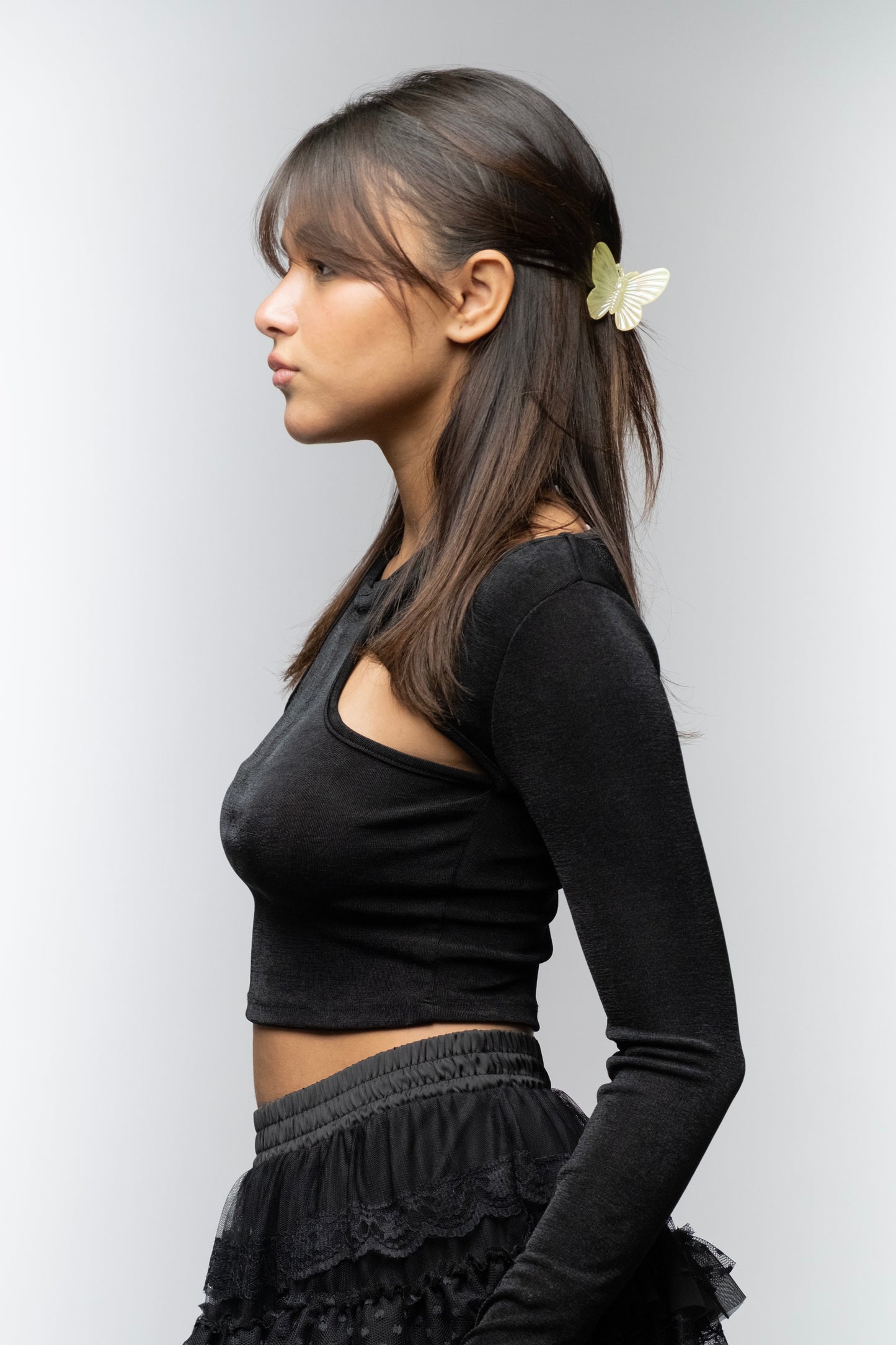 Cutout Long Sleeve Black Top