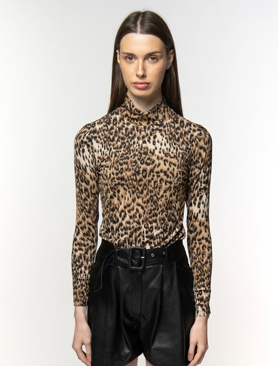 Leopard Print High-Neck Long Sleeve Top