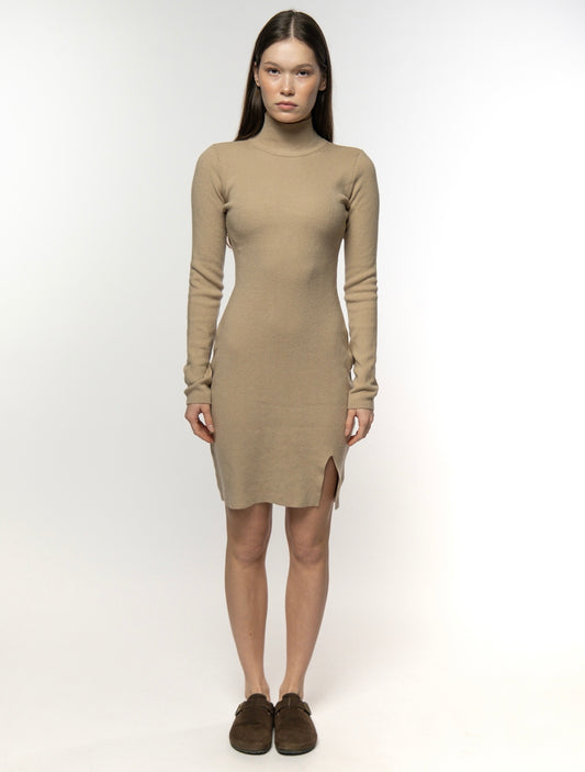 Beige Ribbed Turtleneck Dress