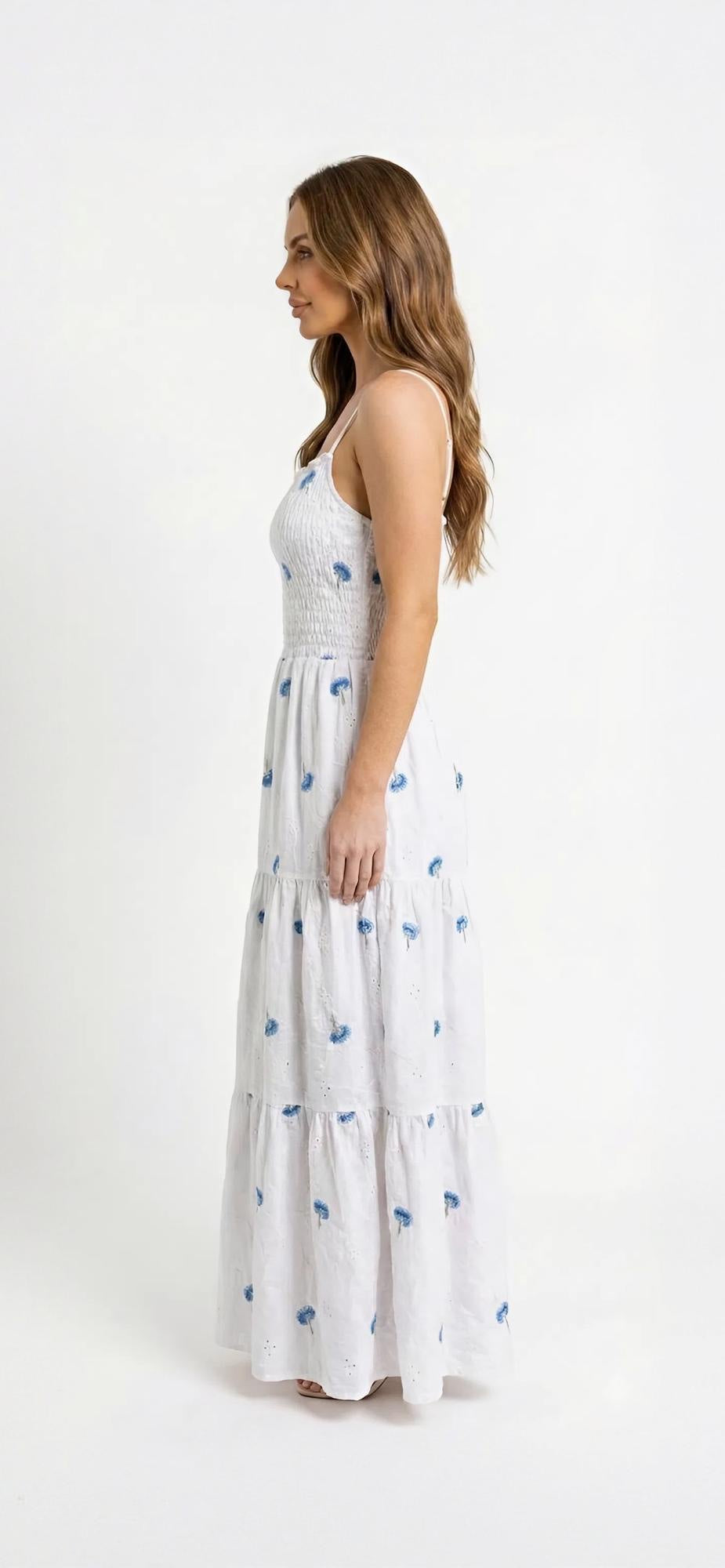 White Frill Smock Dress with Mini Blue Flowers