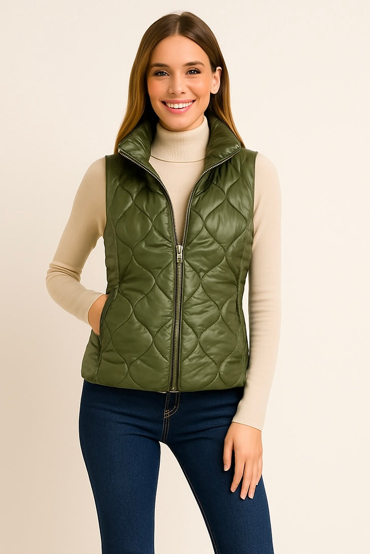 Olive Shiny Quilted Puffer Vest