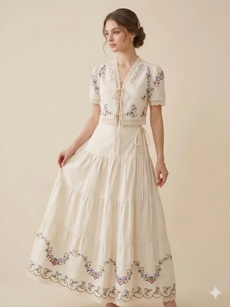 Embroidered Tie-Front Top & Midi Skirt Set