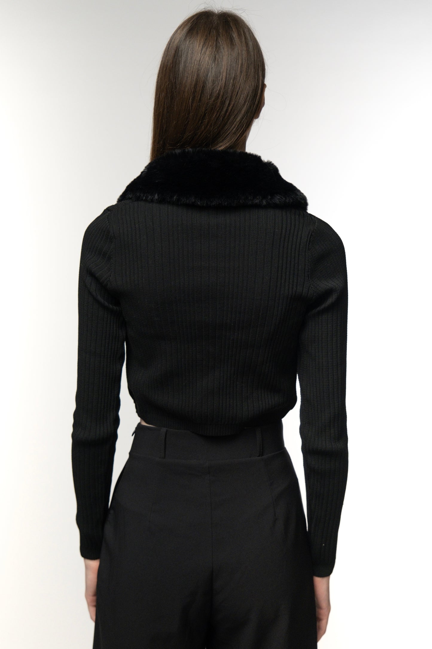 Black Ribbed Faux Fur-Collar Cardigan