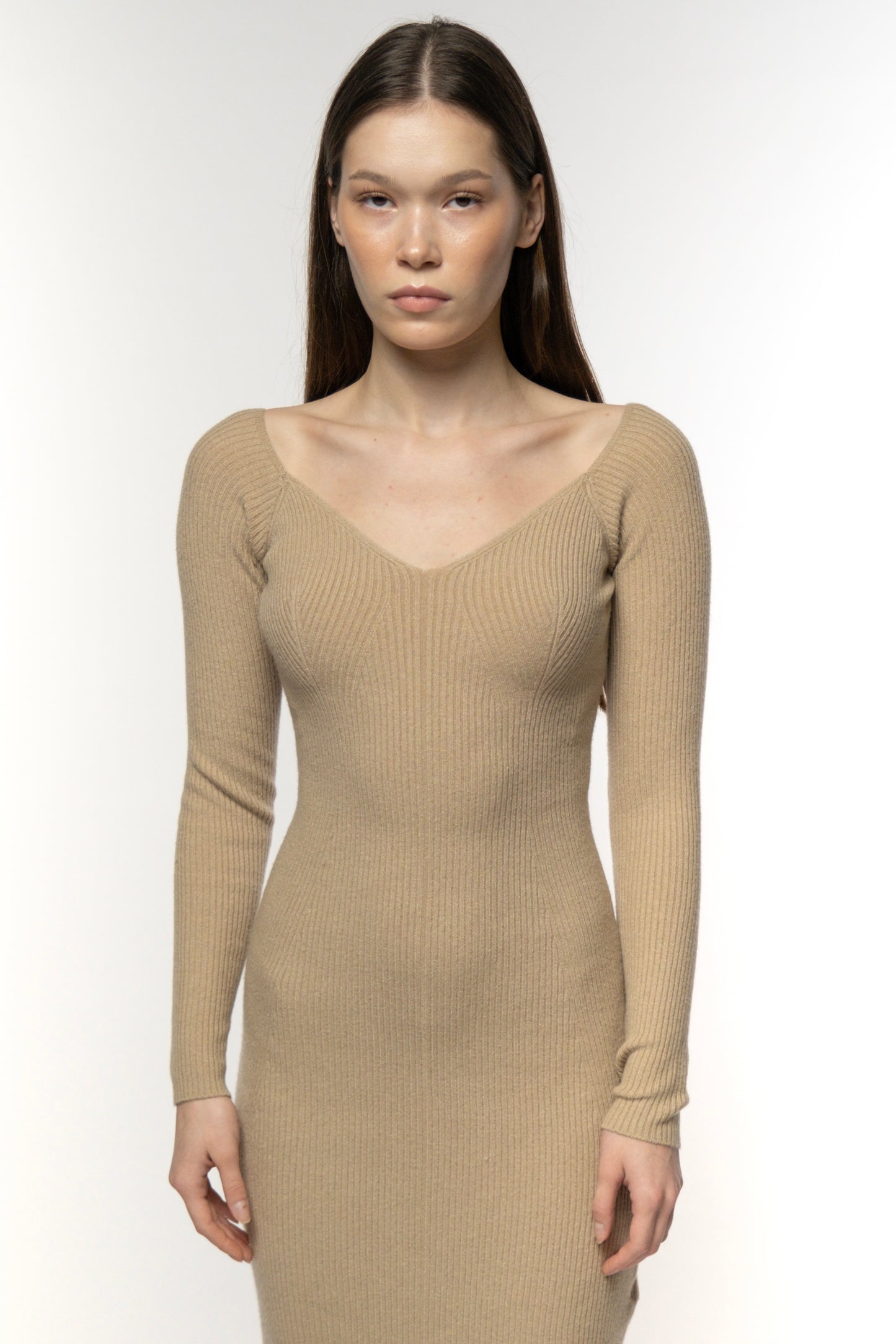 Sand Beige V-neck Ribbed Knit Dress