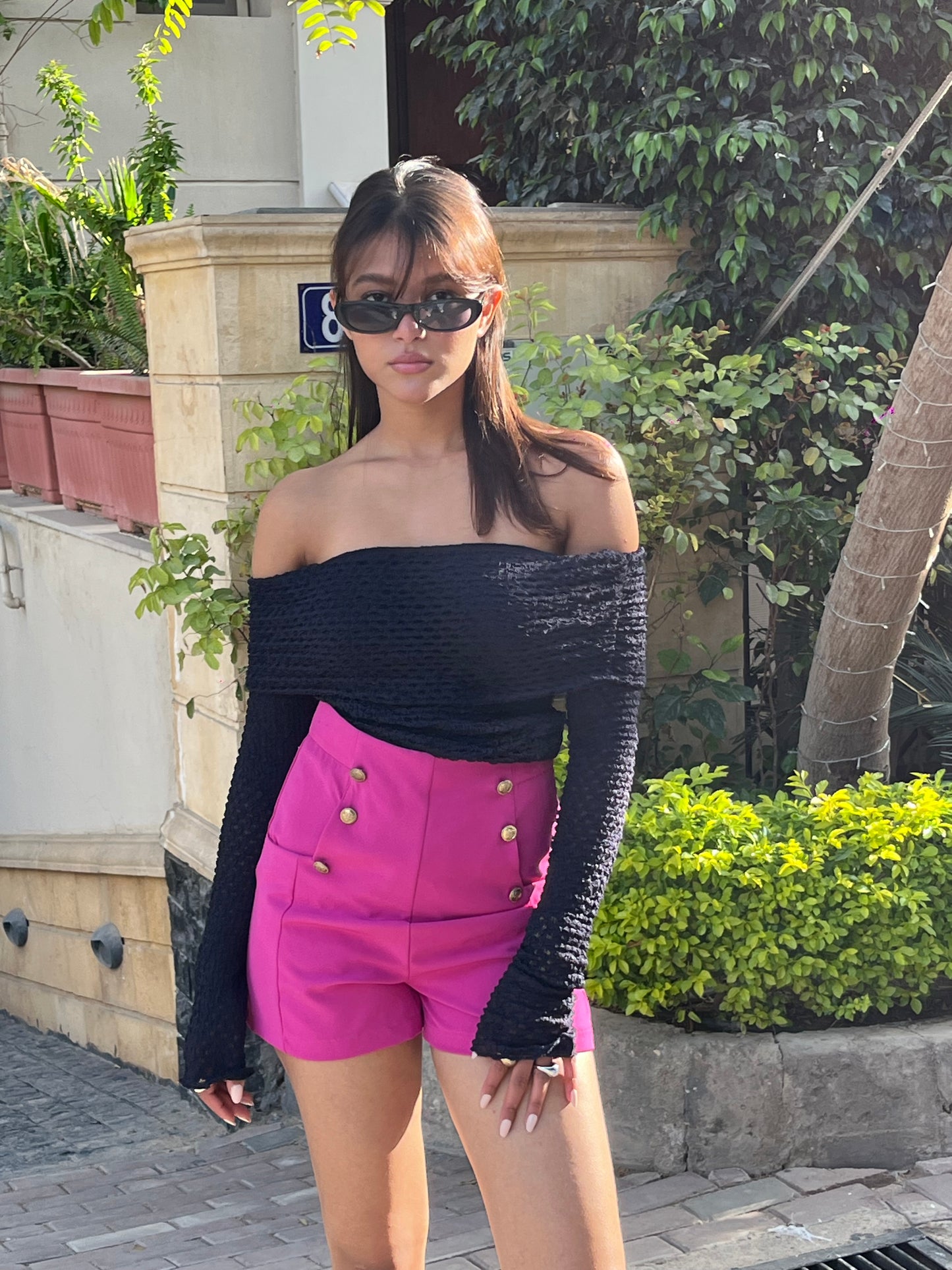 Dark Blue Textured Off-Shoulder Top