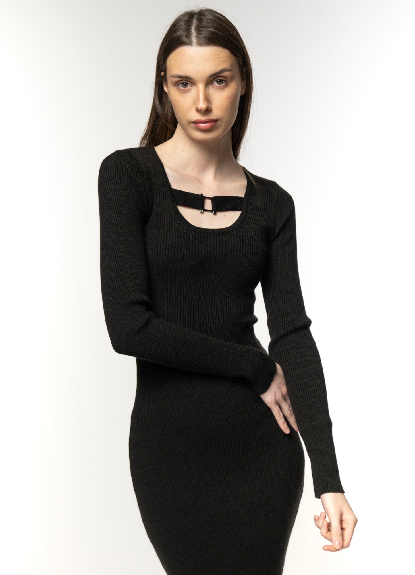 Black Ribbed Cut-Out Long Sleeve Dress