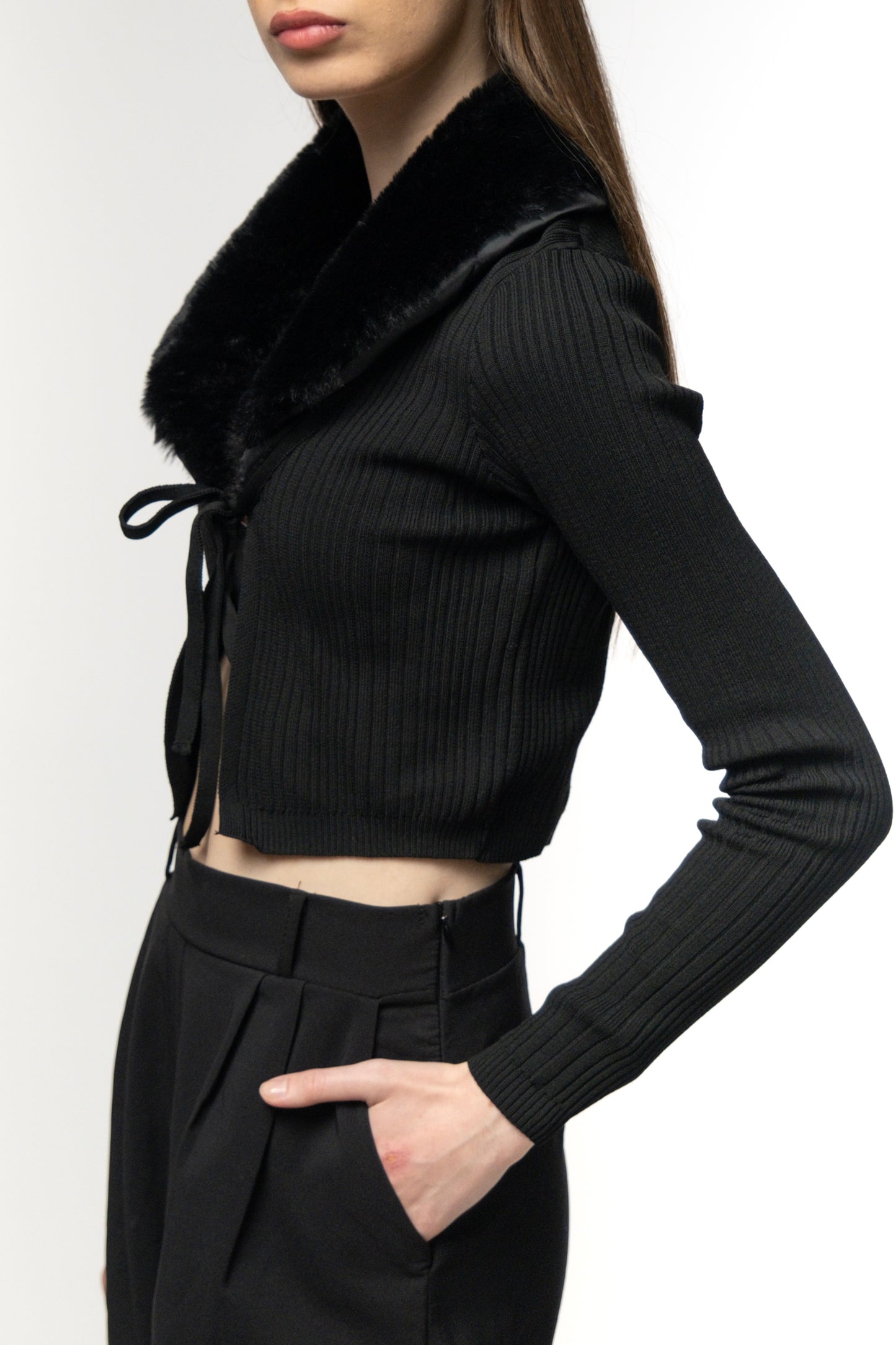 Black Ribbed Faux Fur-Collar Cardigan