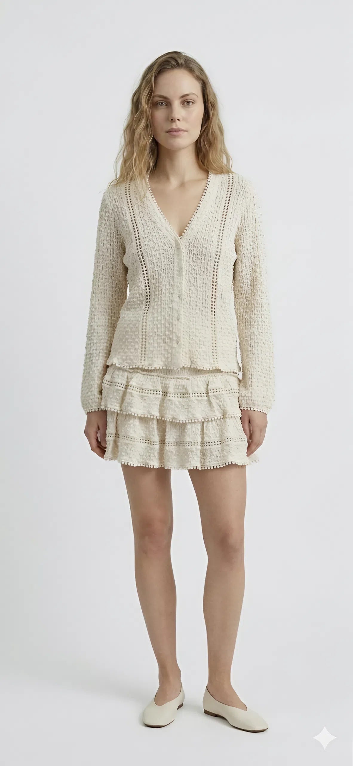 Beige Textured Lace Trim Blouse