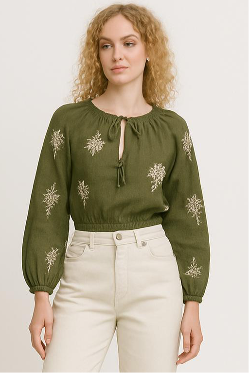 Green Embroidered Tie-Front Blouse