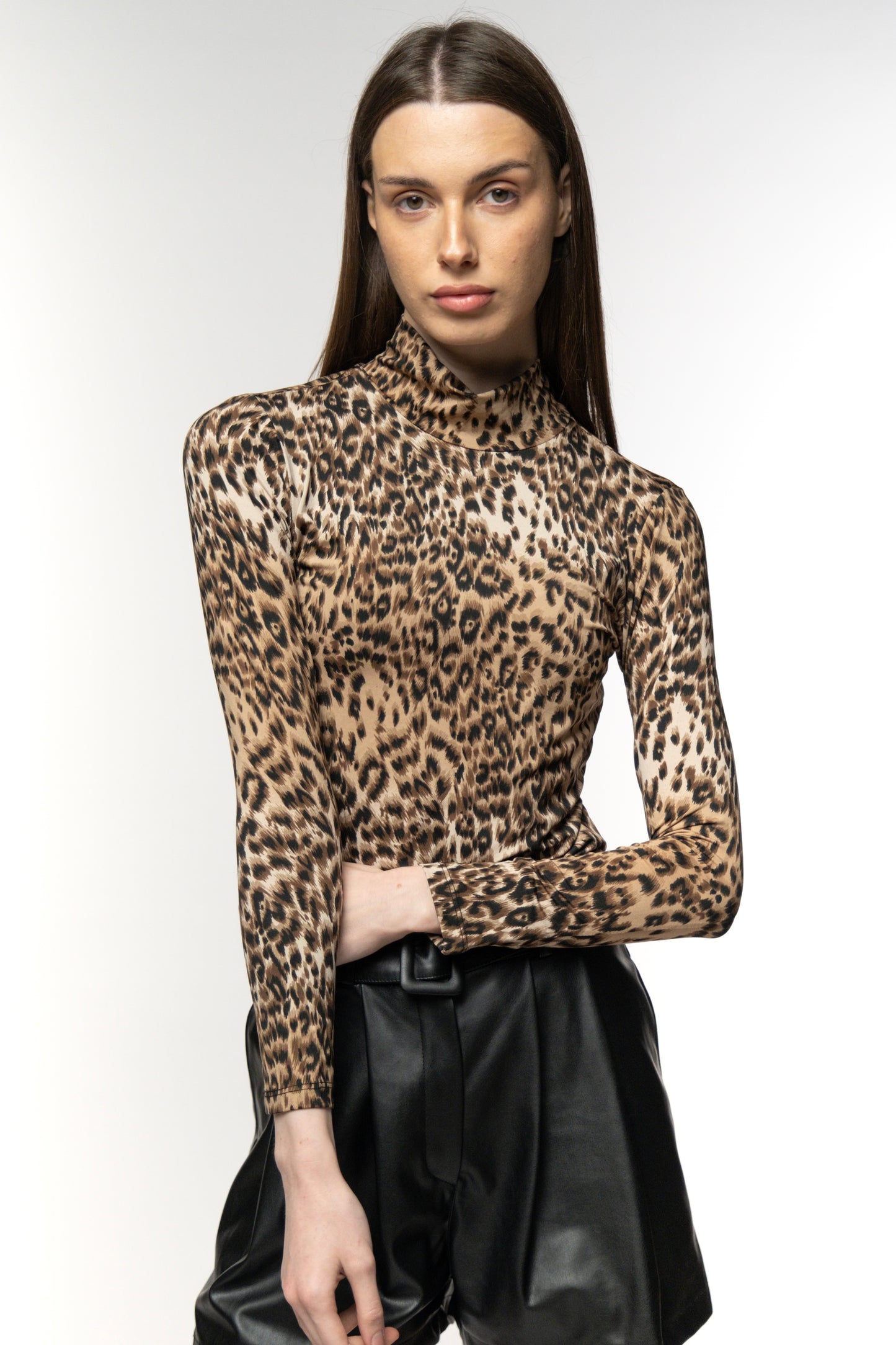 Leopard Print High-Neck Long Sleeve Top