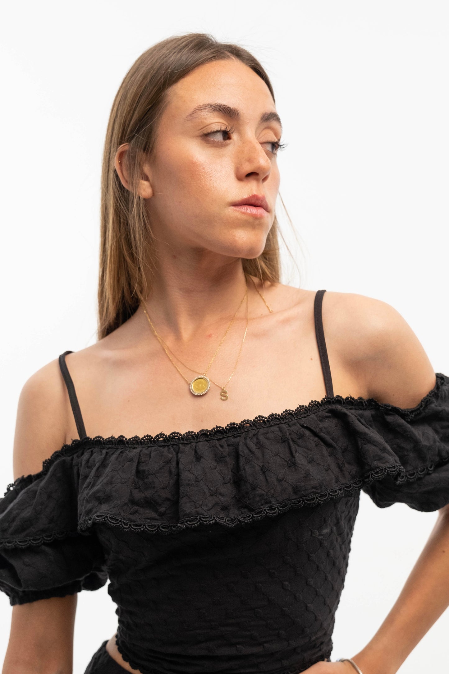 Black Textured Off-Shoulder Set