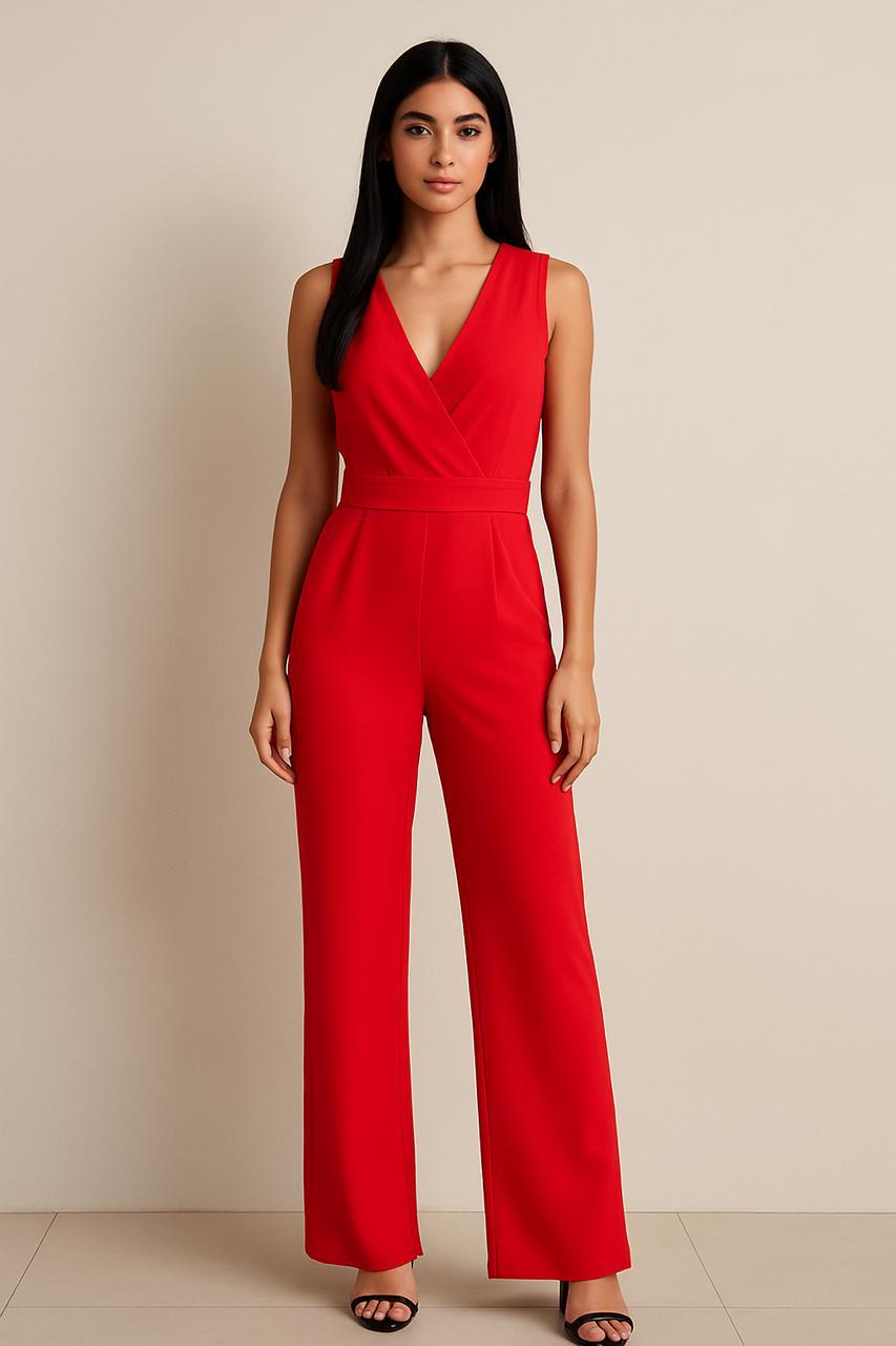 Red Scarlet Plunge Wide-Leg Jumpsuit