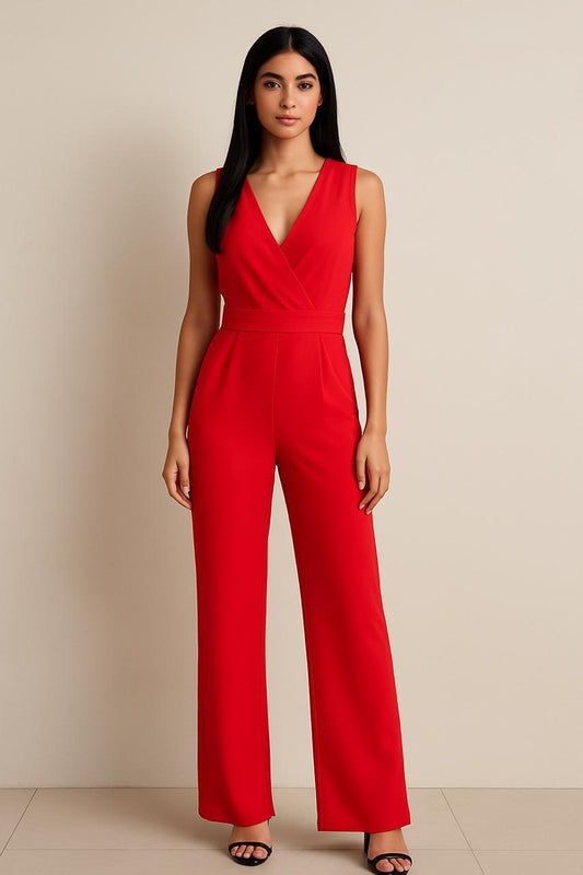 Red Scarlet Plunge Wide-Leg Jumpsuit