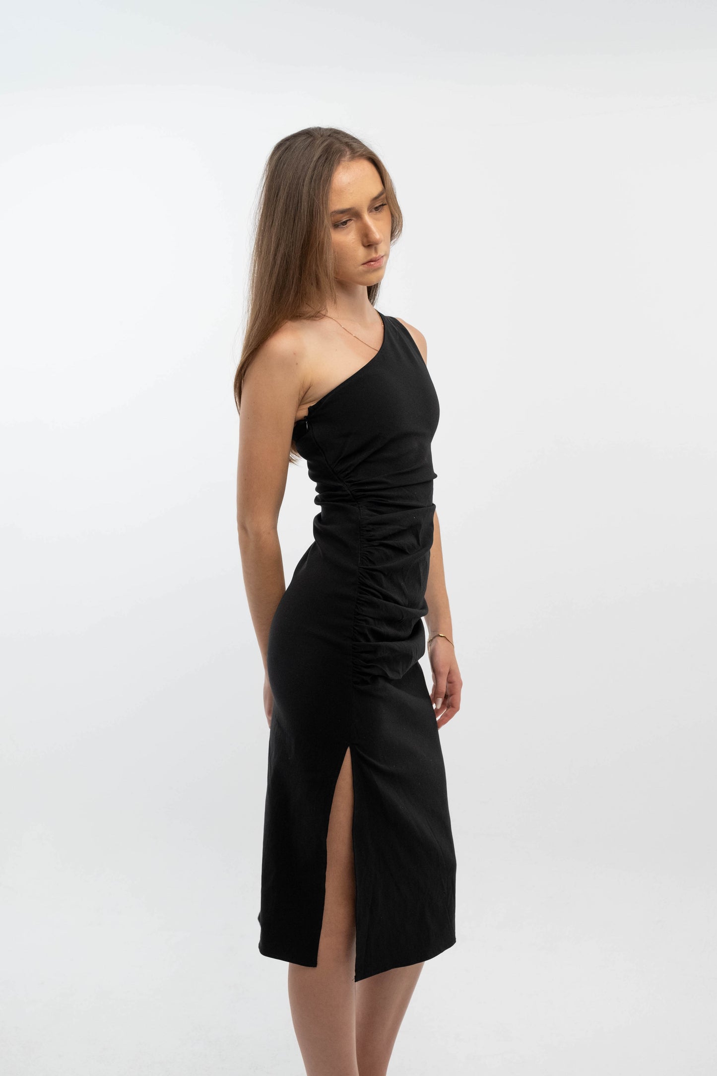 Selene One-Shoulder Ruched Midi Dress