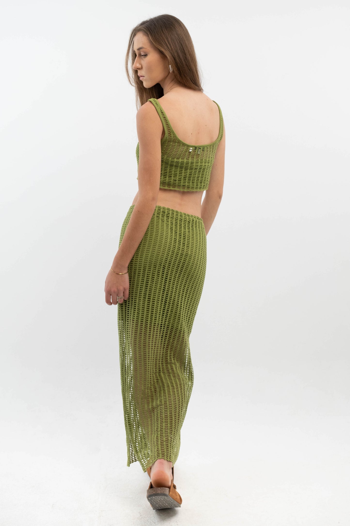 Green Mesh Top And Skirt Set