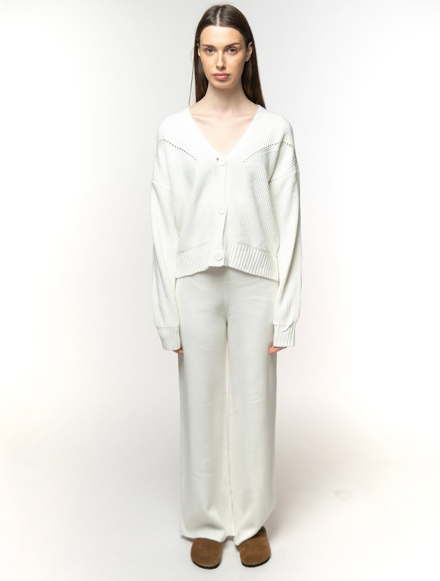 White Knit Set with Cardigan and Pants