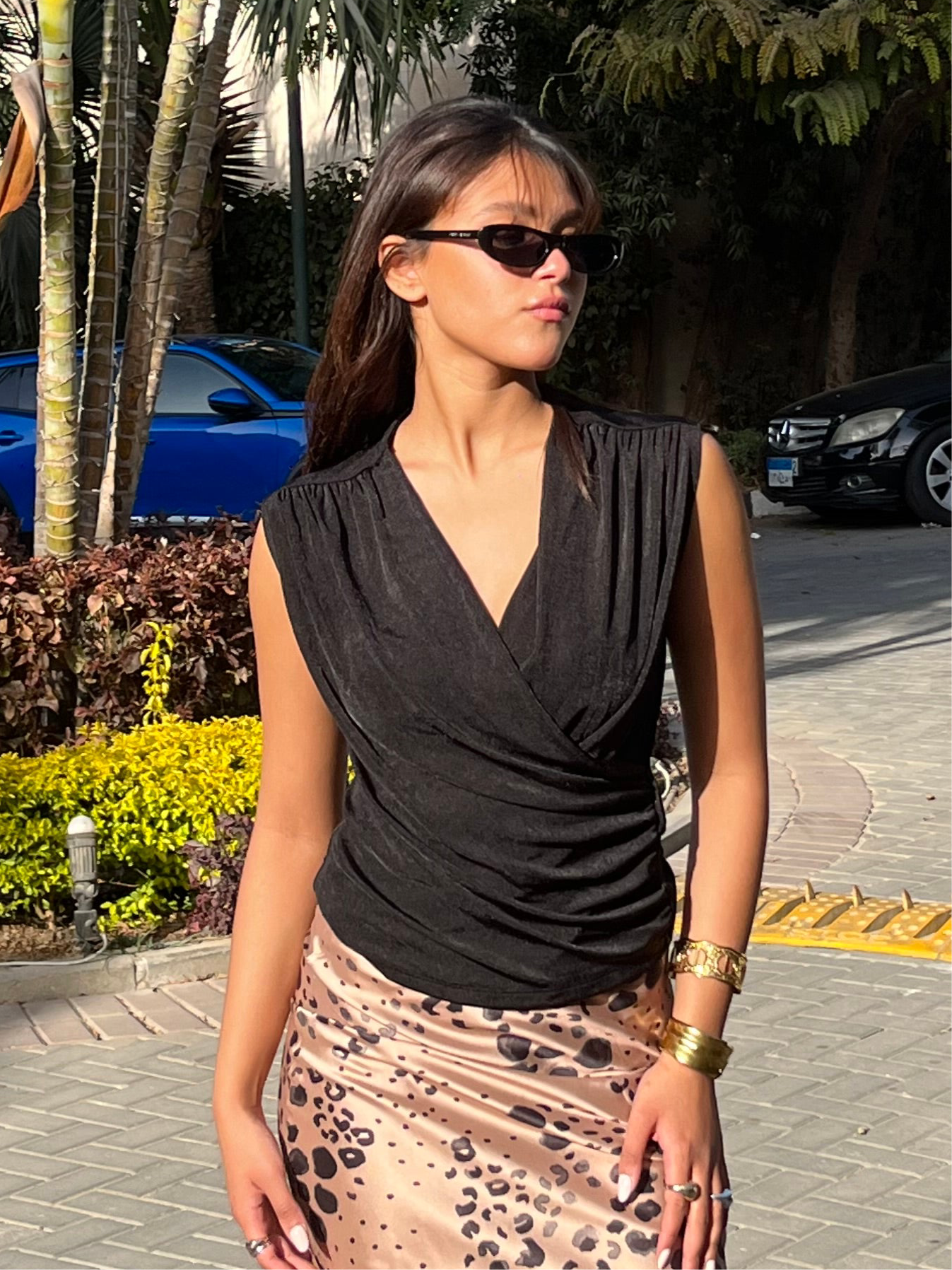 Black Draped V-neck Top