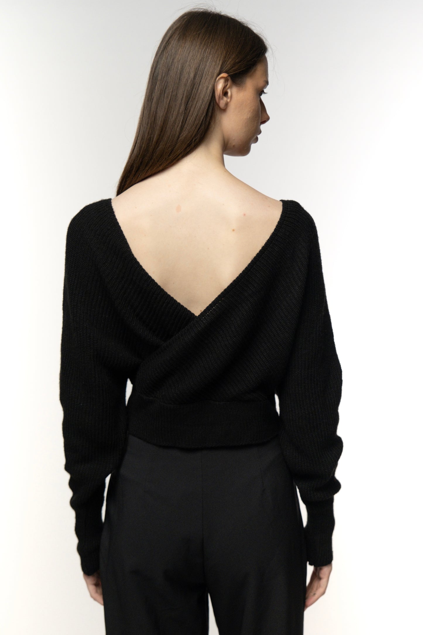 Black Ribbed Wrap-Front Sweater