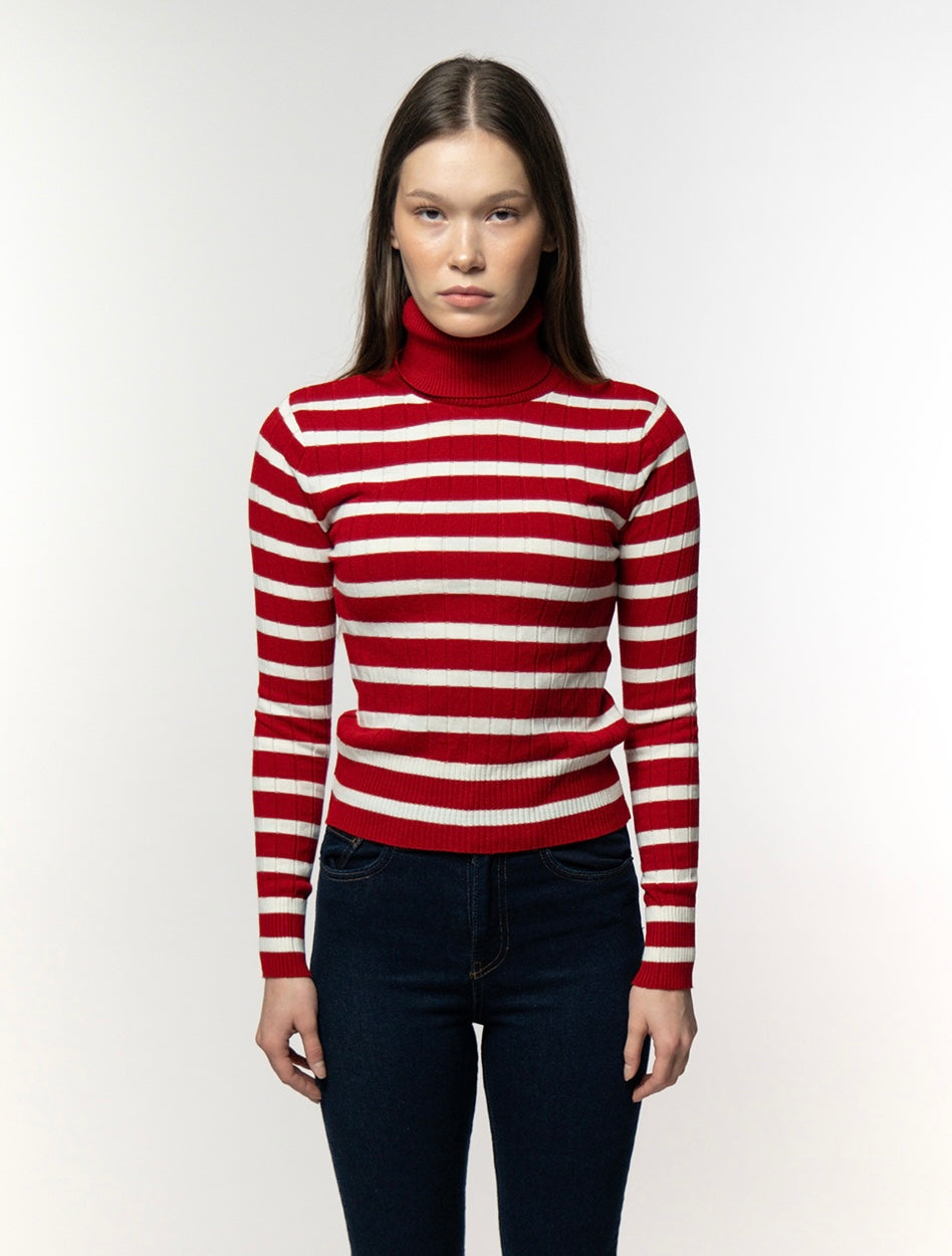 Red & White Striped Ribbed Turtleneck