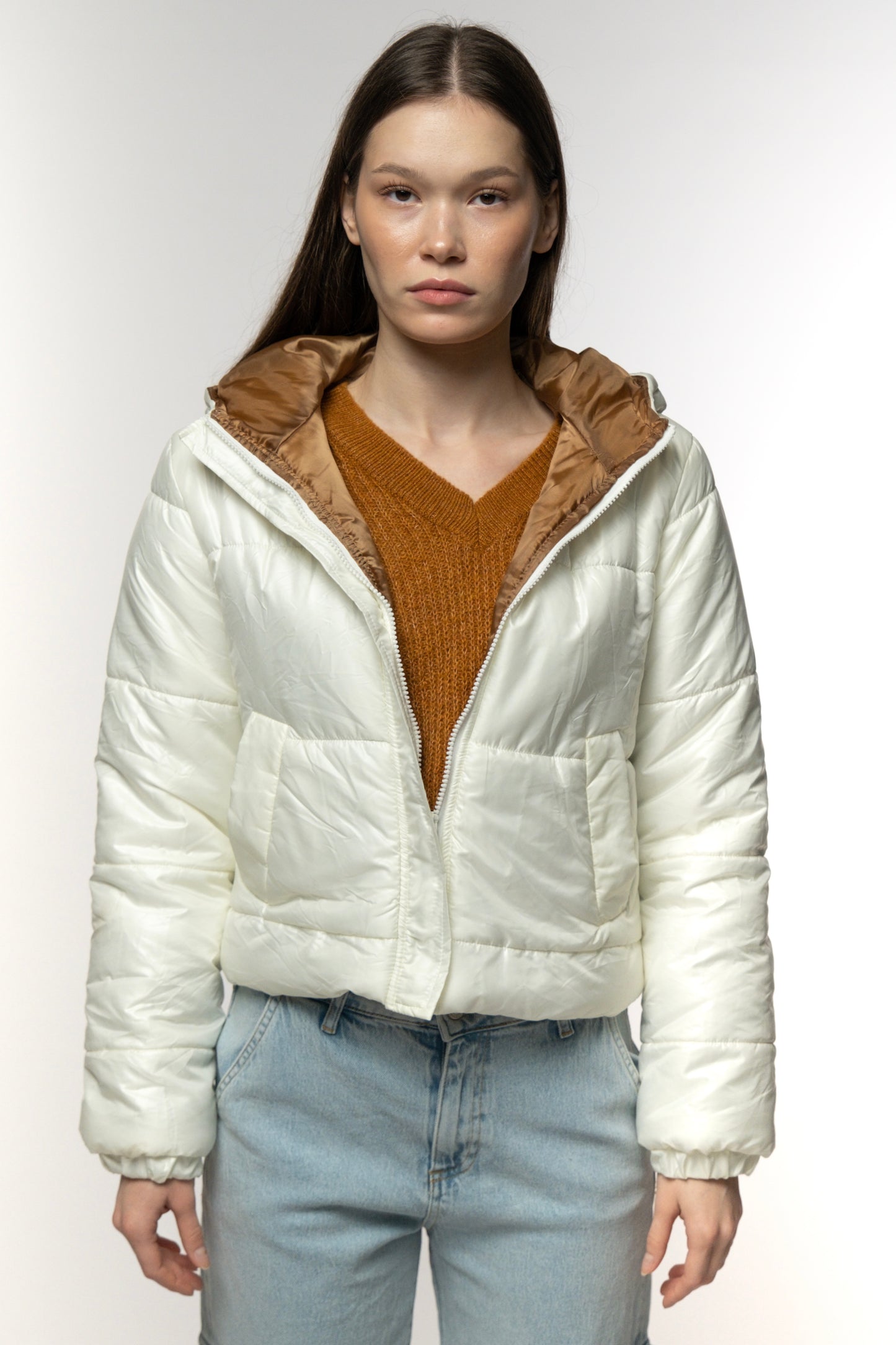 Cream Puffer Jacket with Camel Lining