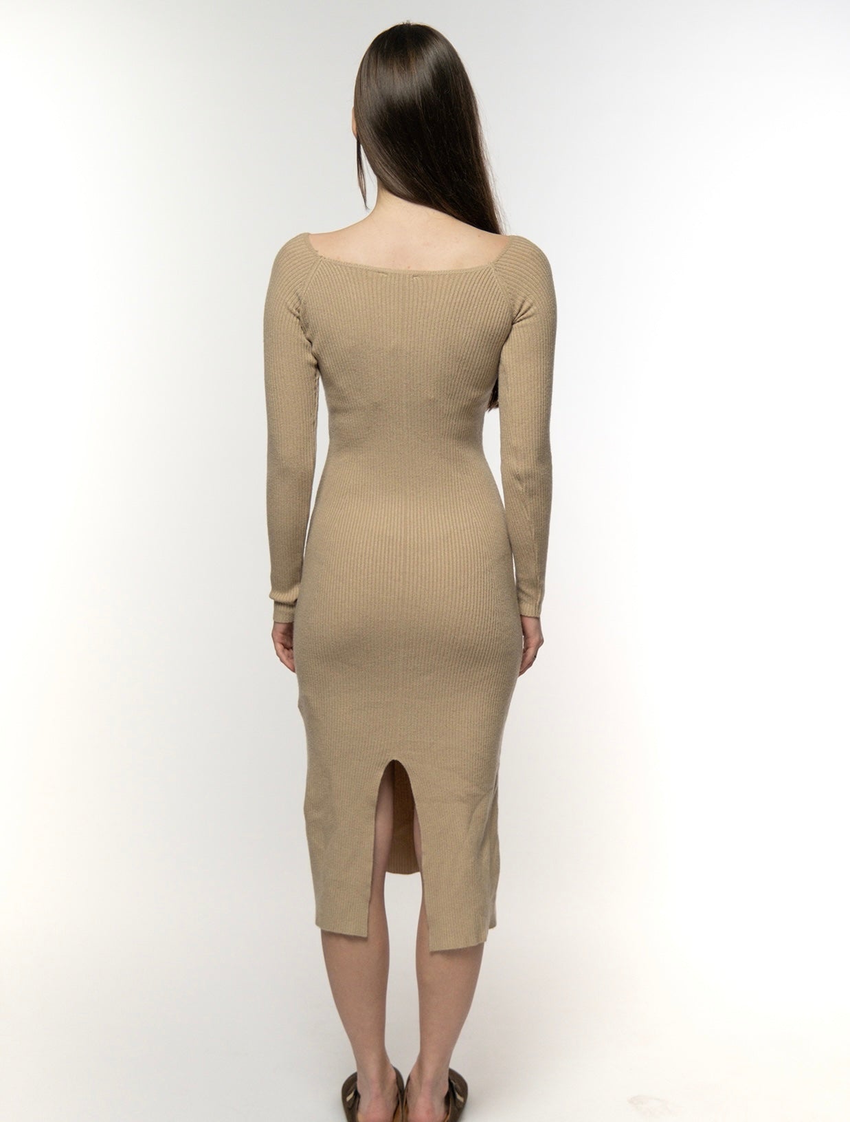 Sand Beige V-neck Ribbed Knit Dress