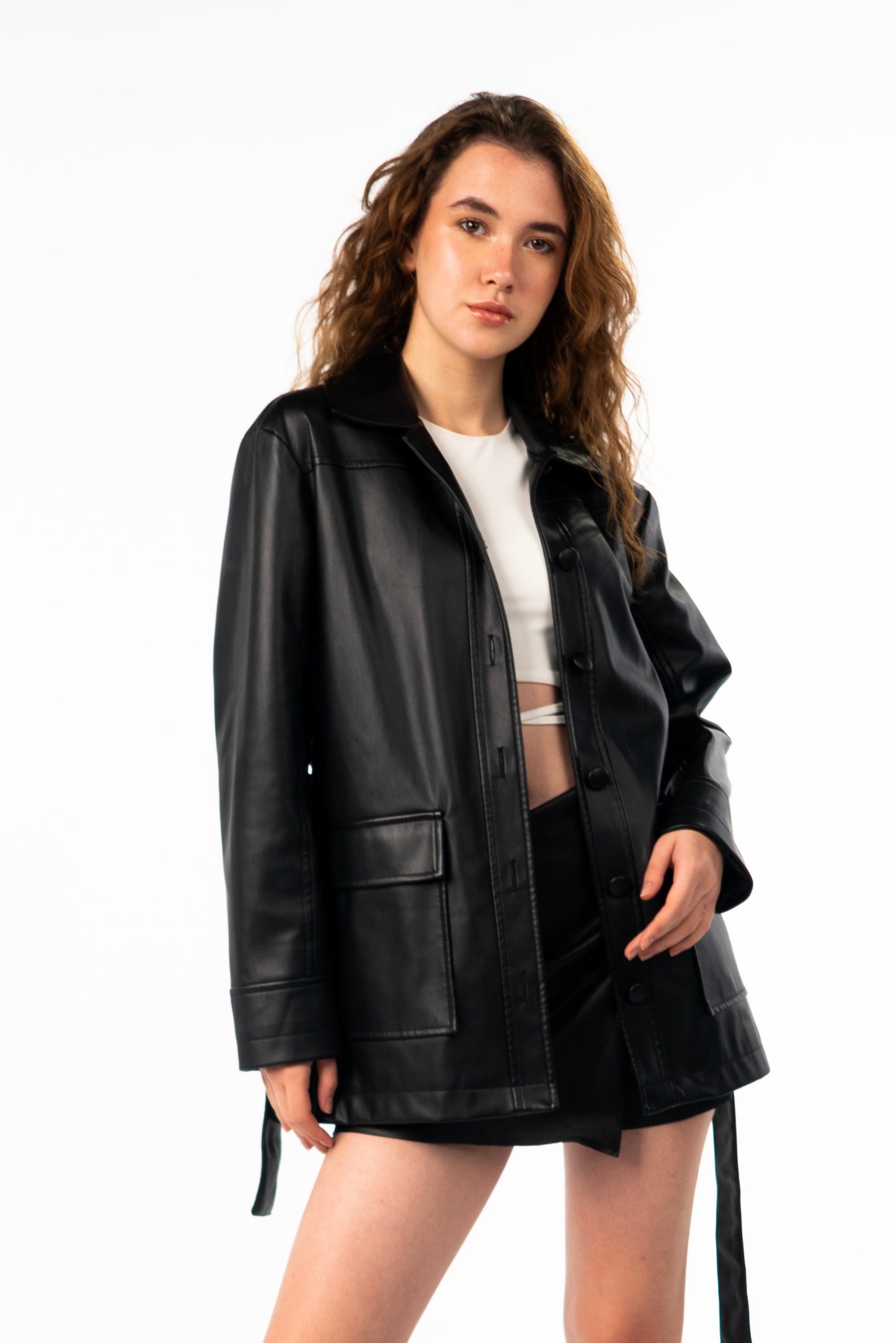 Noir Belted Faux Leather Jacket