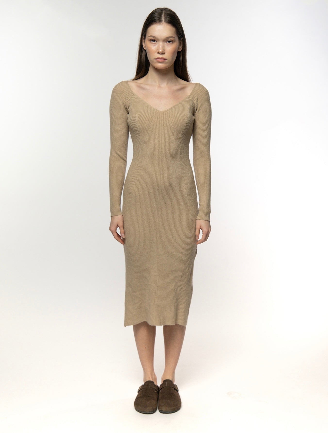 Sand Beige V-neck Ribbed Knit Dress