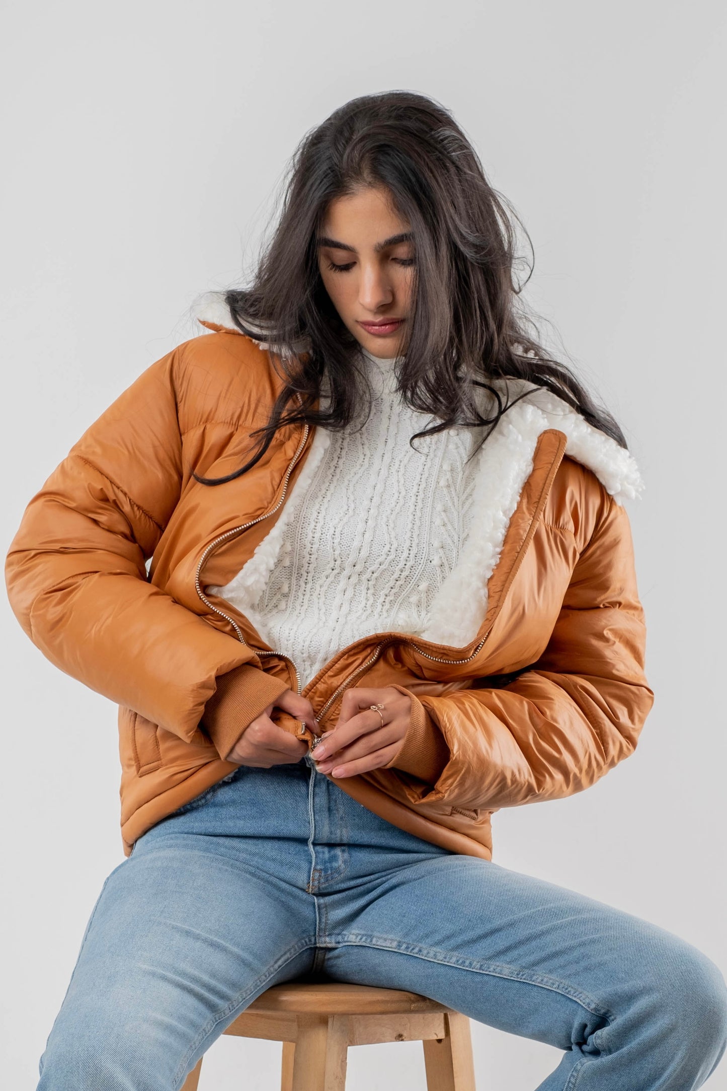 Camel Sherpa Collar Puffer Jacket with Fur Lining