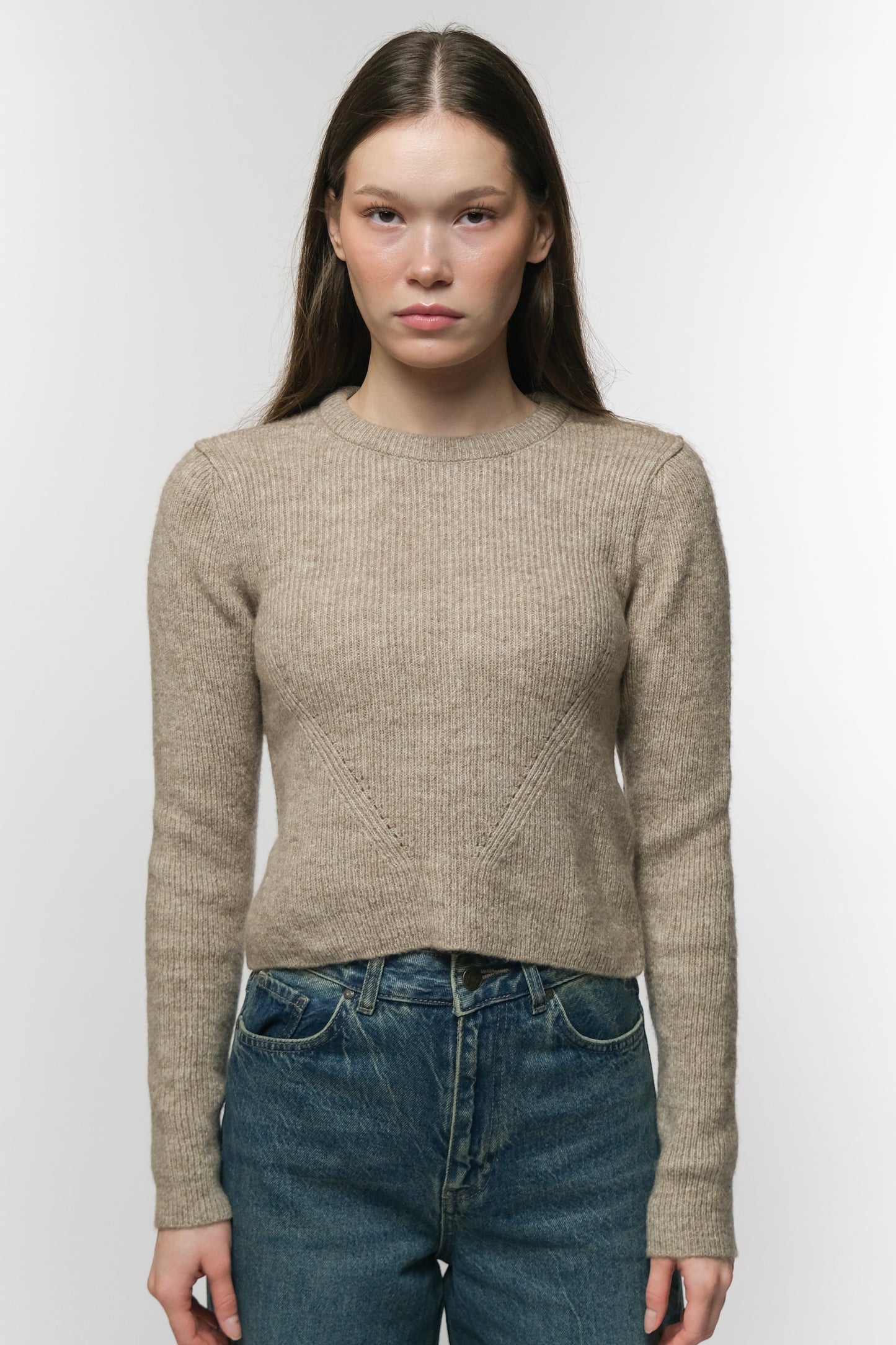 Beige Ribbed Knit Sweater