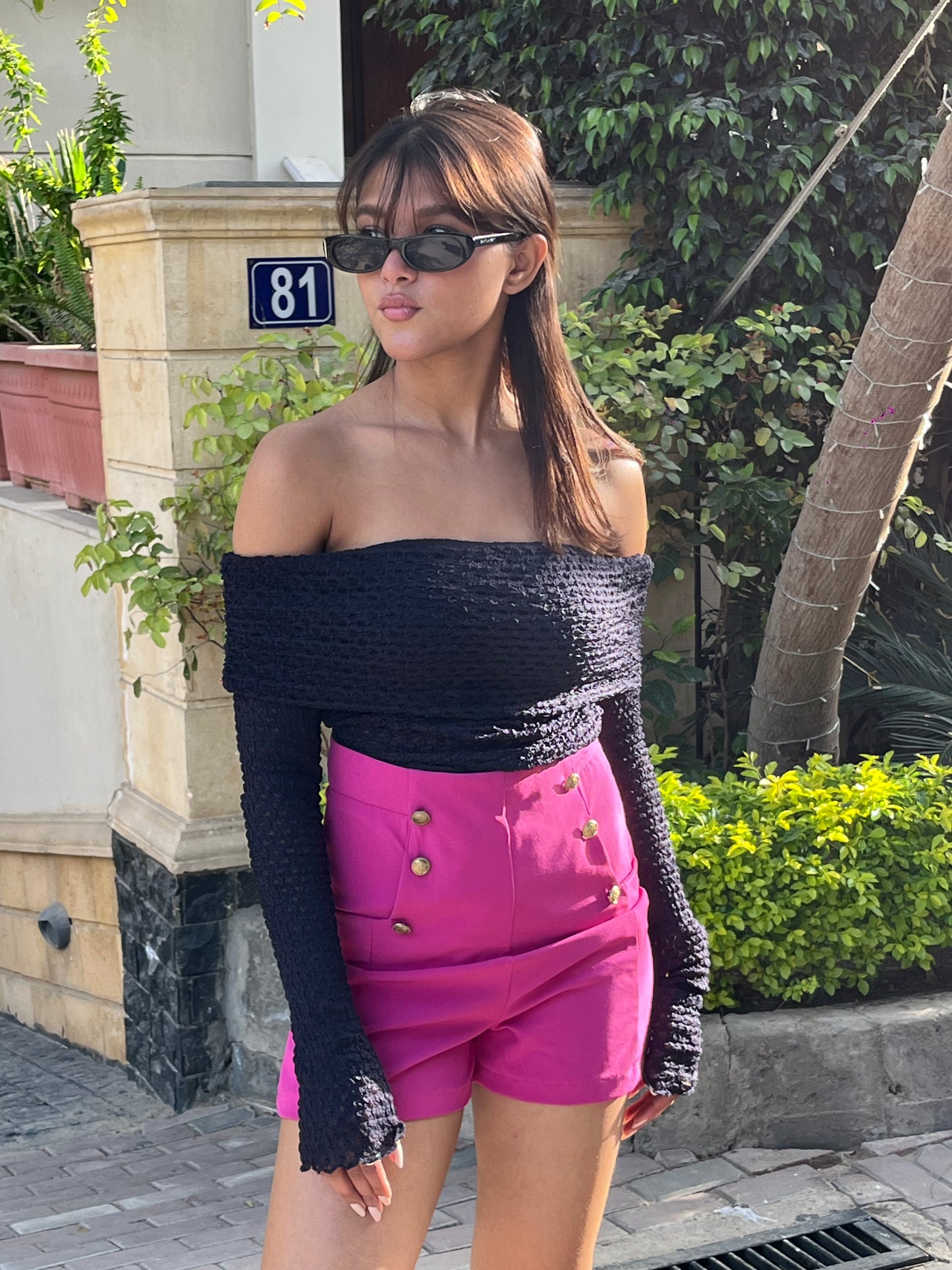 Dark Blue Textured Off-Shoulder Top
