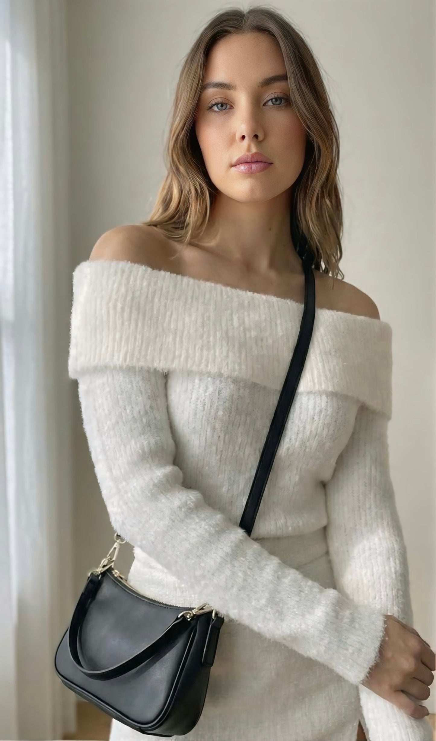 White Off-Shoulder Fuzzy Sweater