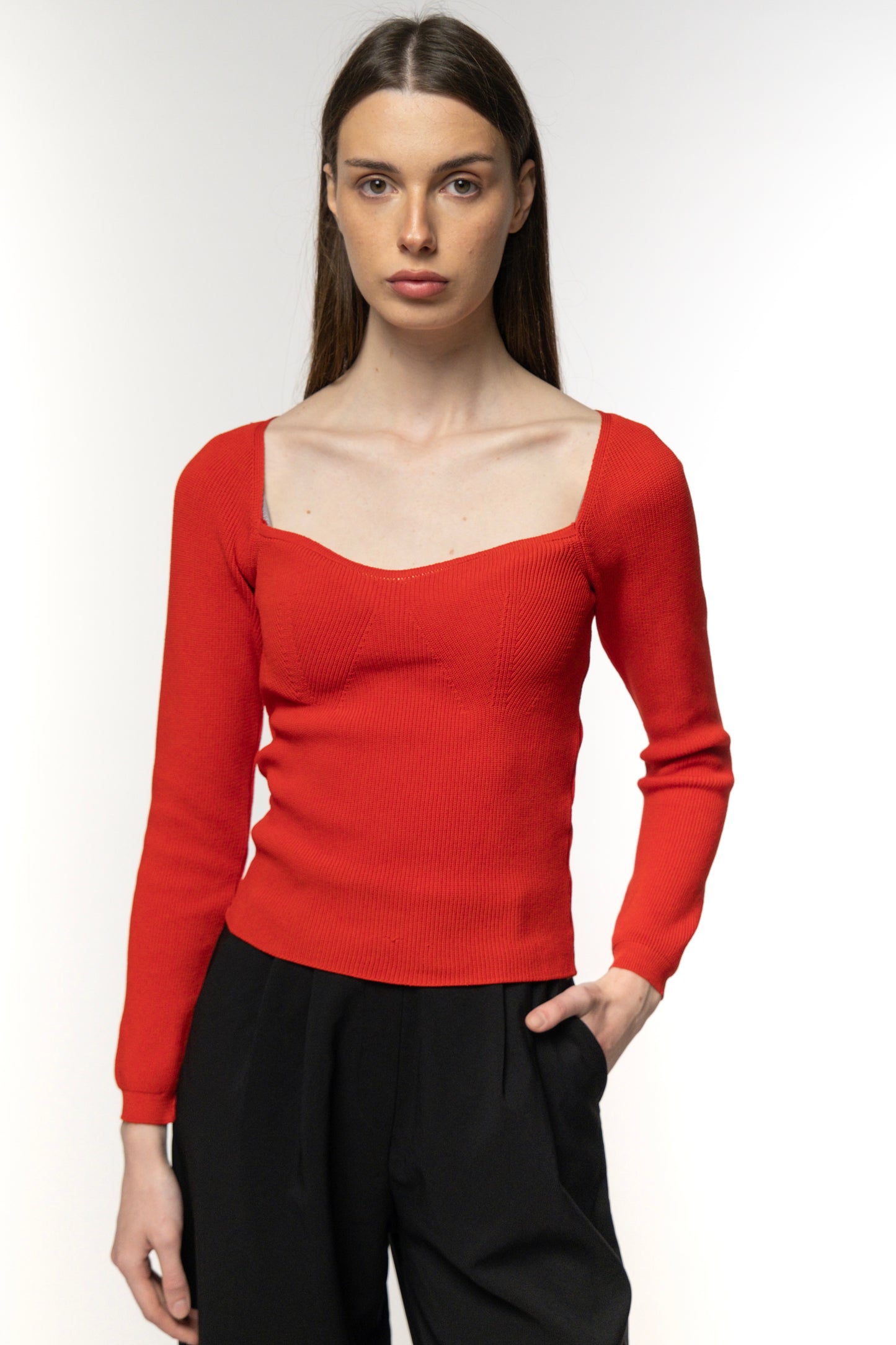 Scarlet Red Square Neck Knit Top