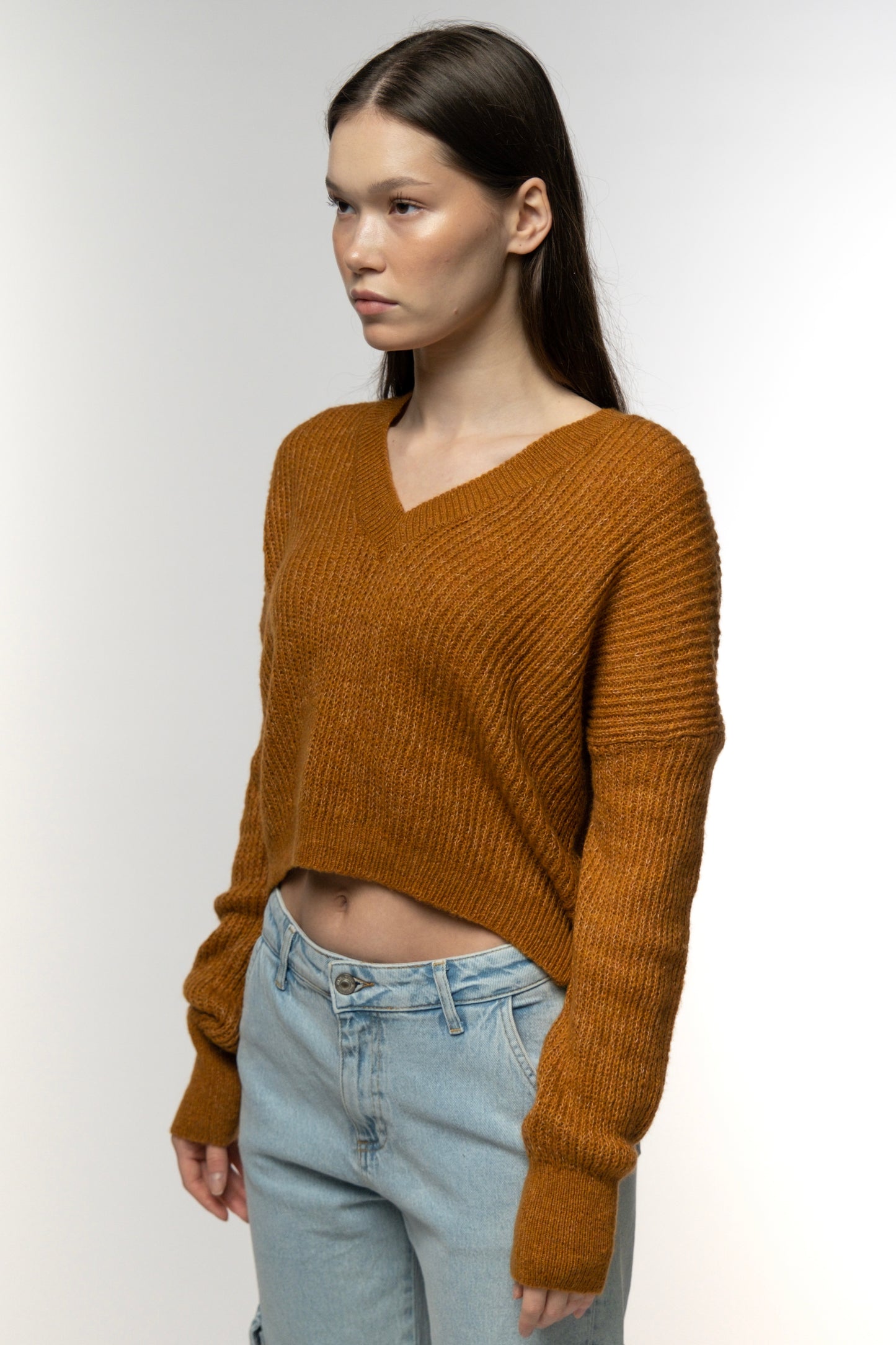 Amber Camel V-neck Ribbed Knit Pullover