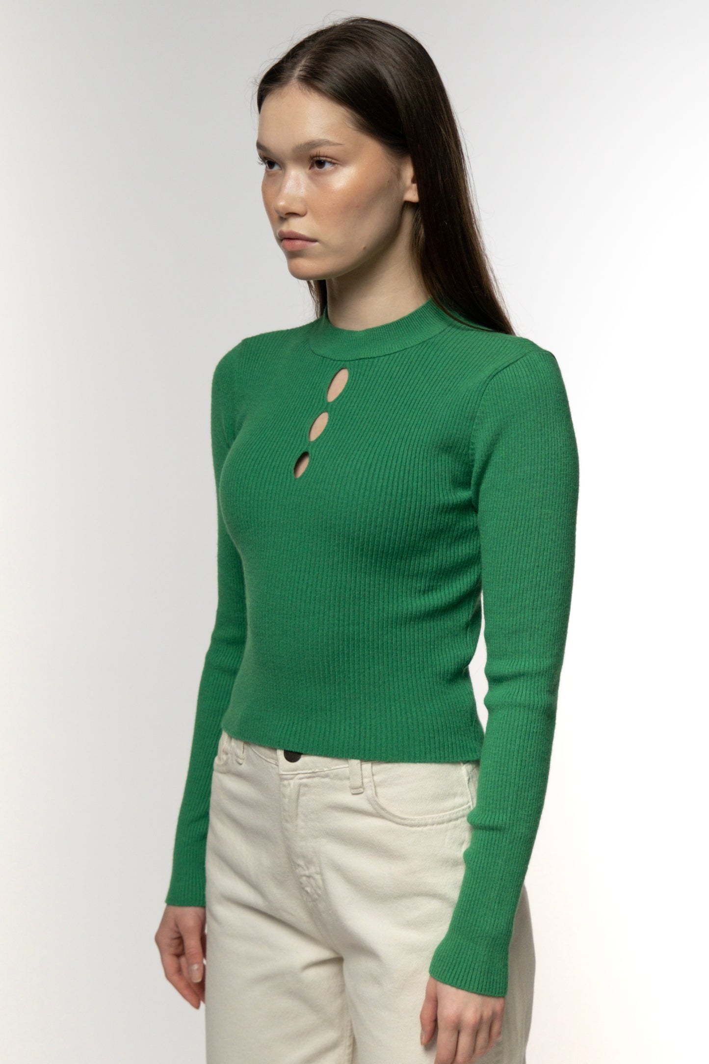 Green Cutout Ribbed Sweater