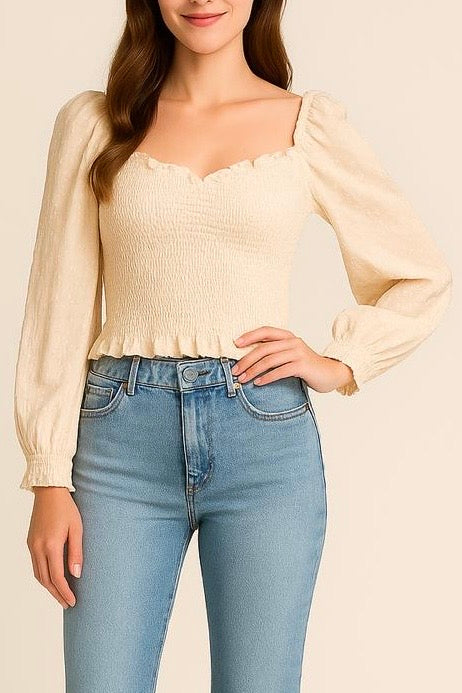 Beige Frill Smock Crop Top