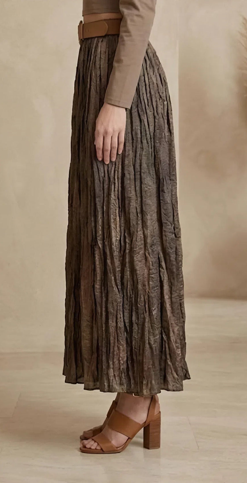 Olive Crinkled Maxi Skirt with Belt