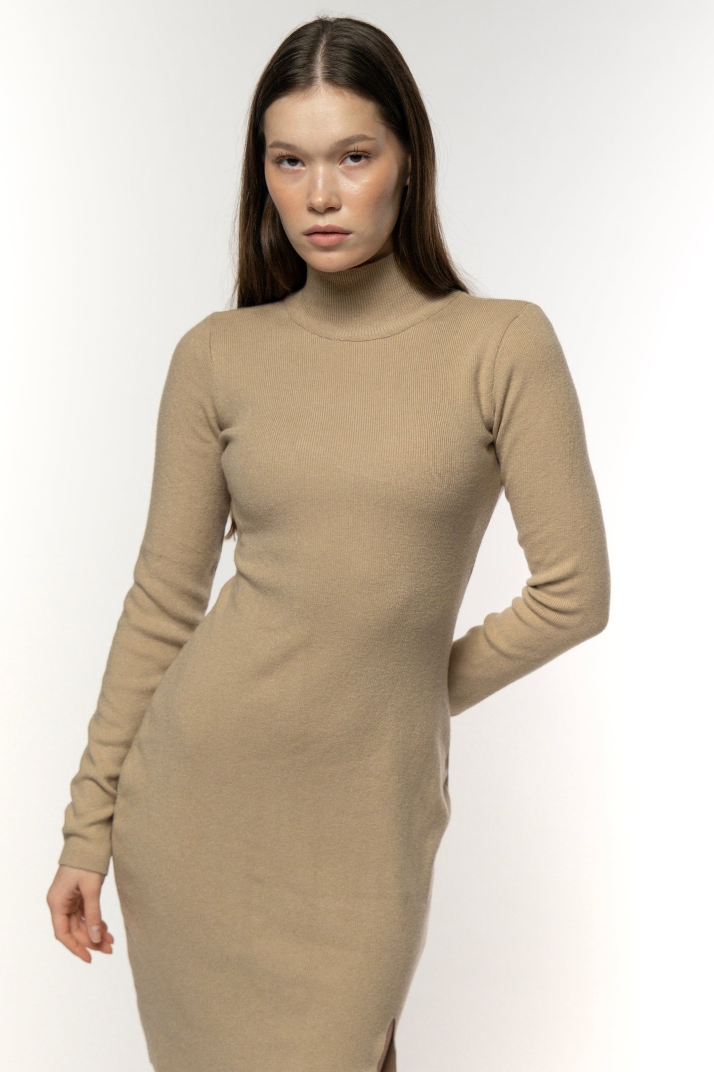 Beige Ribbed Turtleneck Dress