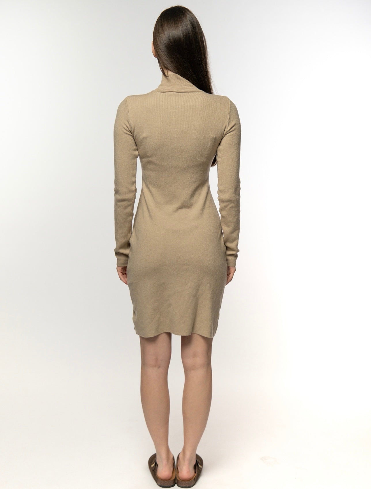 Beige Ribbed Turtleneck Dress