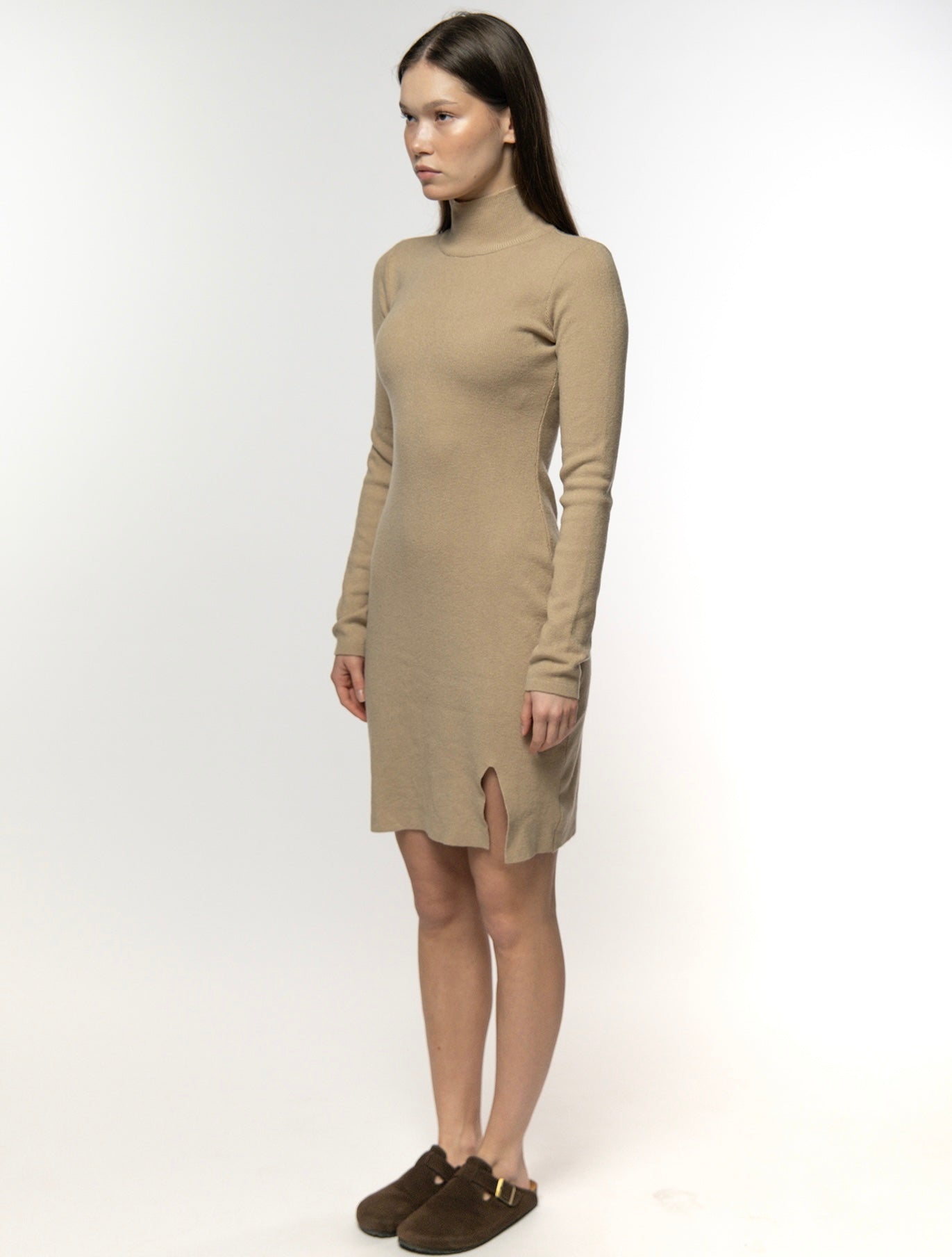 Beige Ribbed Turtleneck Dress