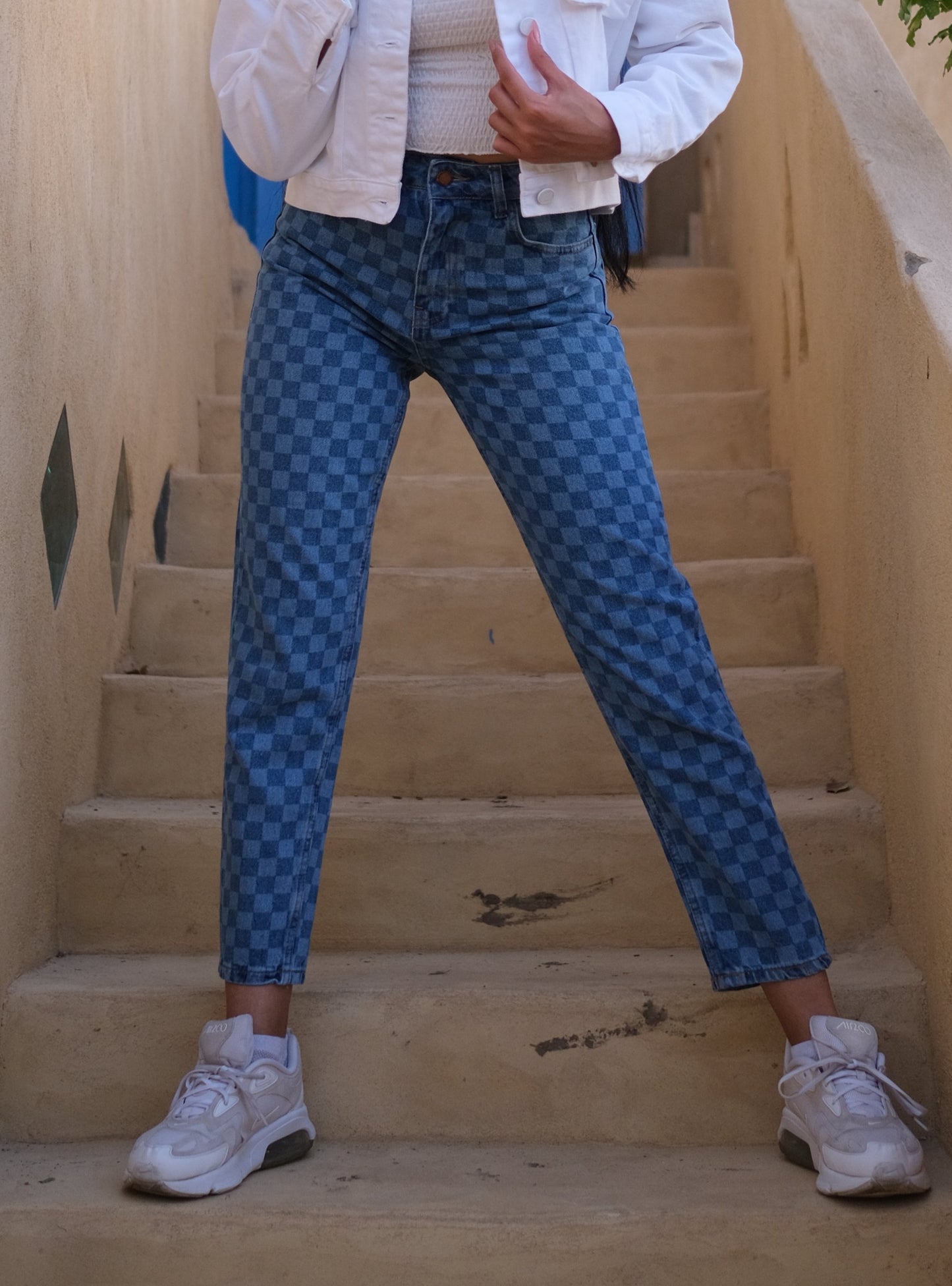 Checkerboard Print High-Waisted Denim Jeans