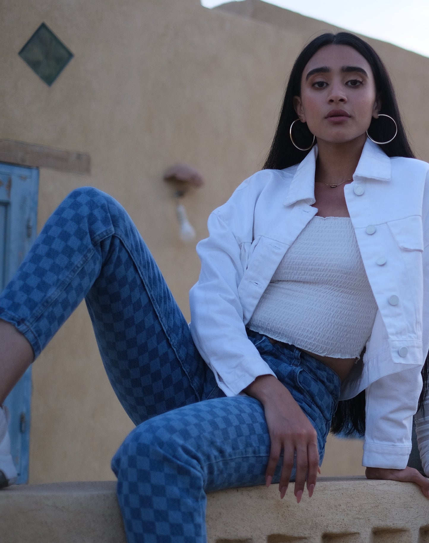 Checkerboard Print High-Waisted Denim Jeans
