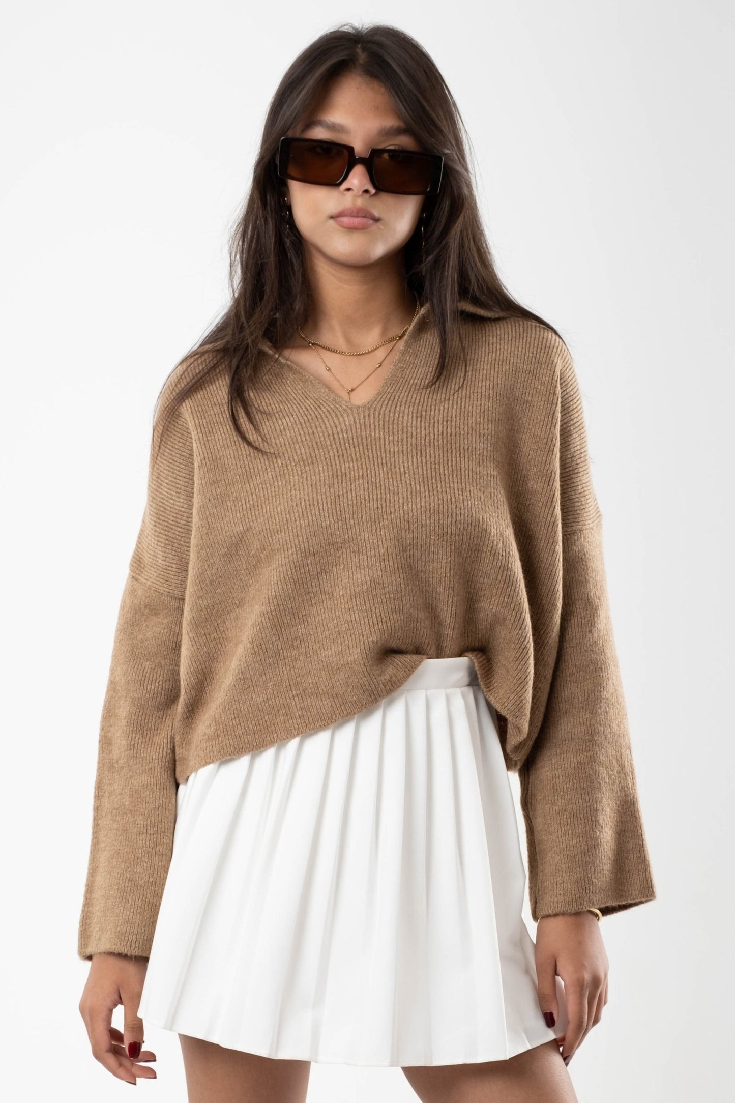Beige Sable Collared Knit Sweater