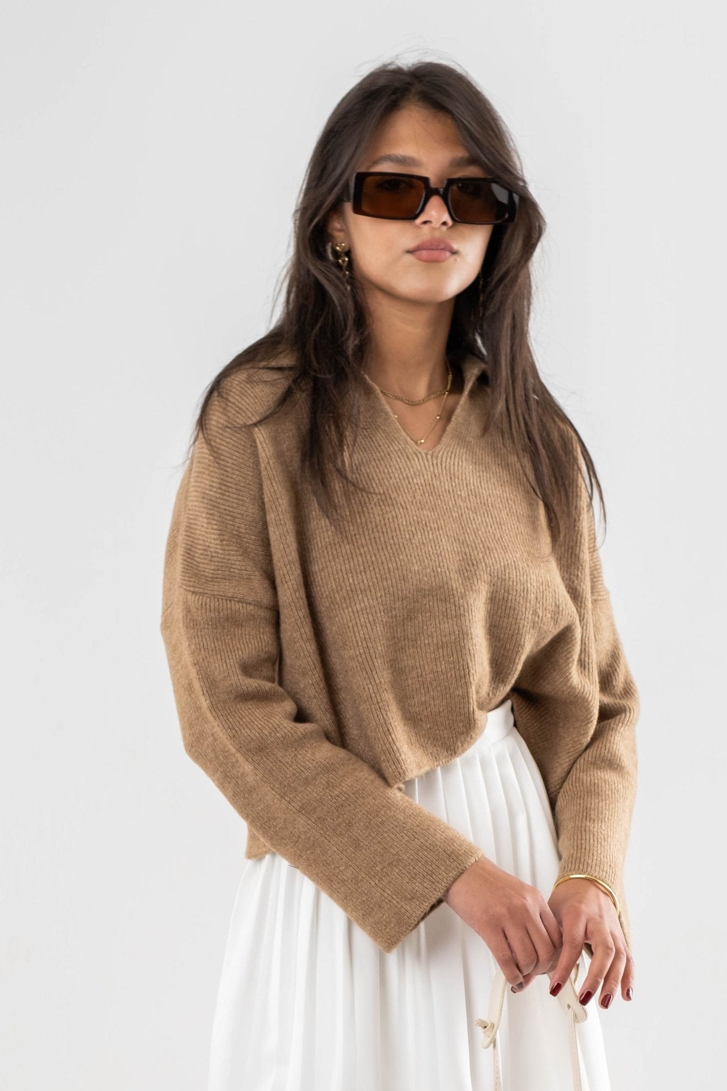Beige Sable Collared Knit Sweater